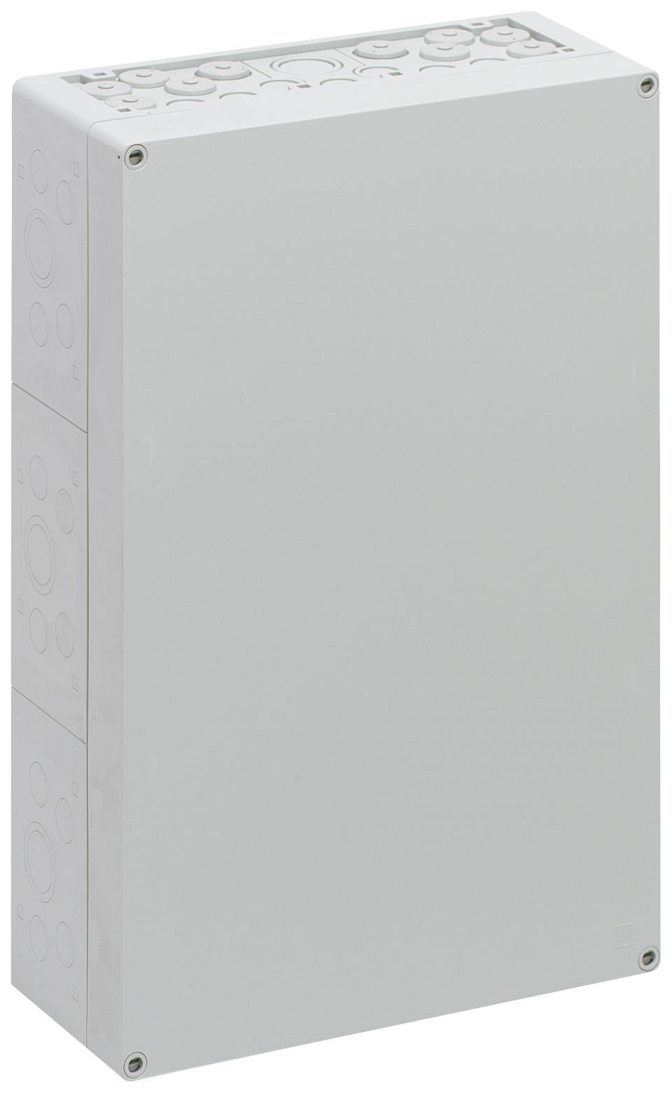 Boîte rectangulaire en plastique grise aux coins arrondis, avec des motifs en relief sur sa surface, utilisée pour les installations électriques.