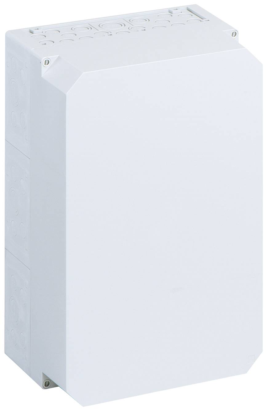 Un boîtier blanc rectangulaire aux coins arrondis, adapté pour contenir des composants électriques ou des câblages.