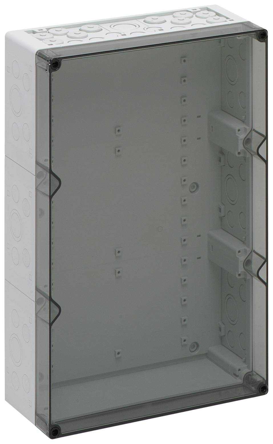 Boîtier vide en plastique avec couvercle transparent, pour montage mural. Adapté aux installations électriques et aux connexions de câbles.