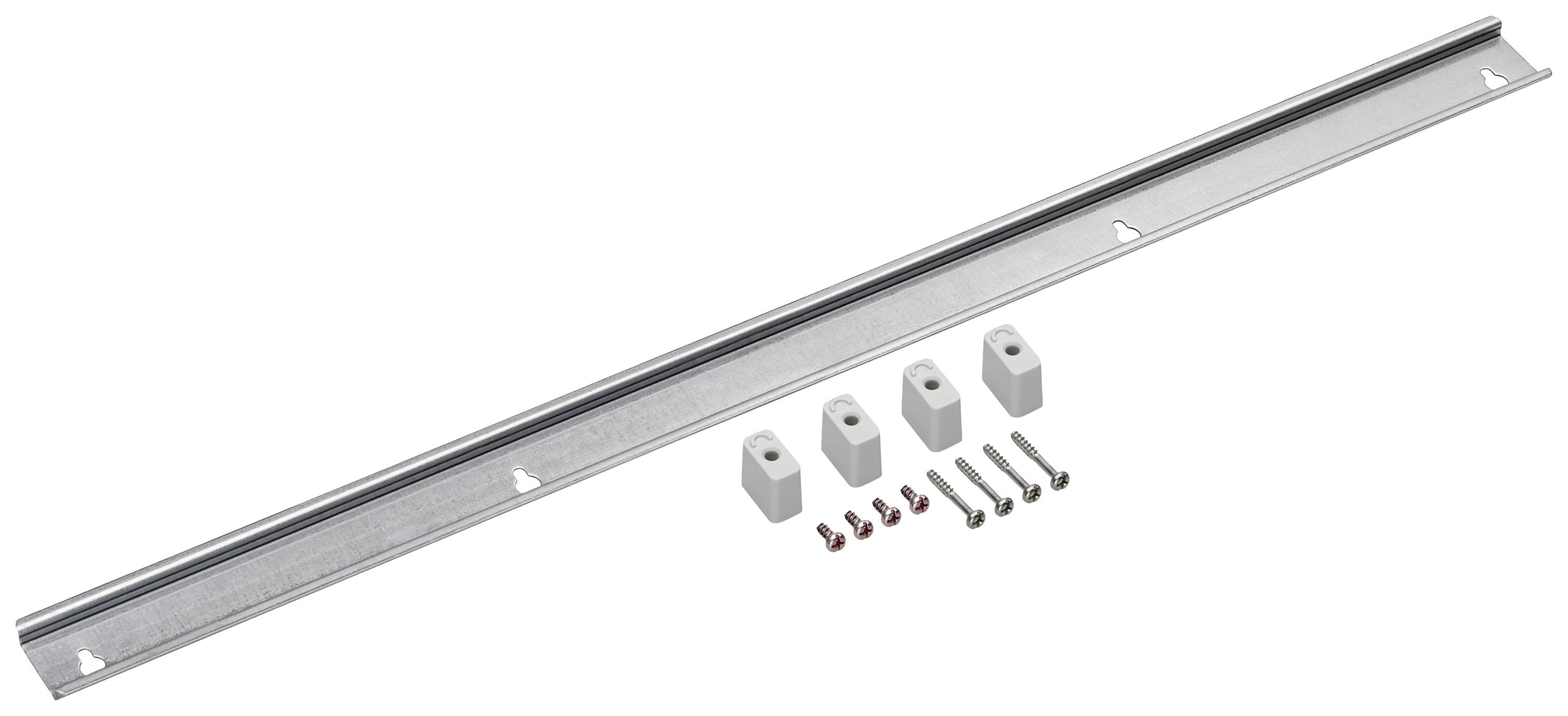 Rail métallique avec supports et vis, pré-assemblé pour une installation facile, idéal pour la fixation sur des surfaces lisses.