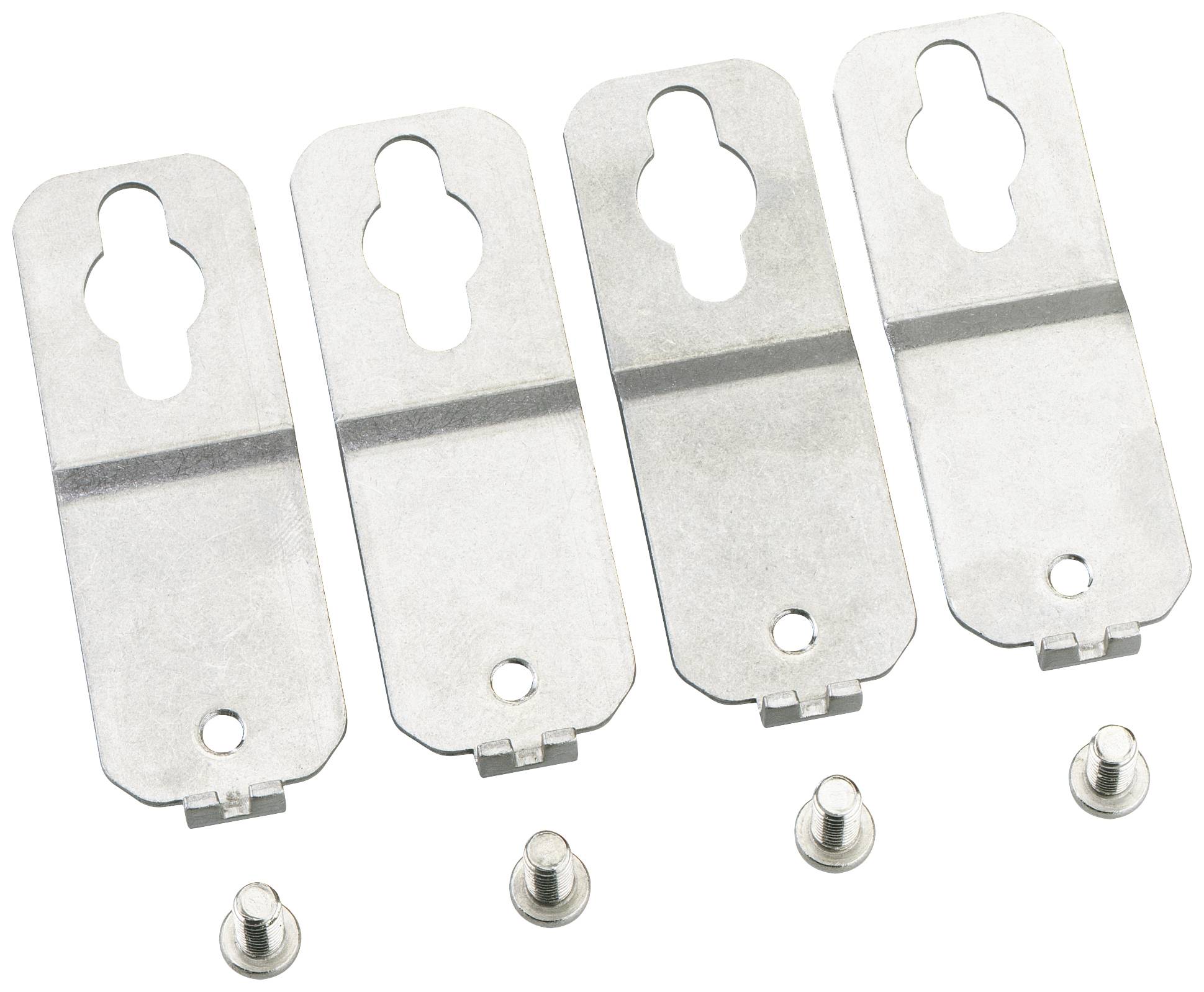 Quatre supports de montage métalliques, chacun pourvu d'un trou oblong, avec des ensembles de vis pour la fixation.