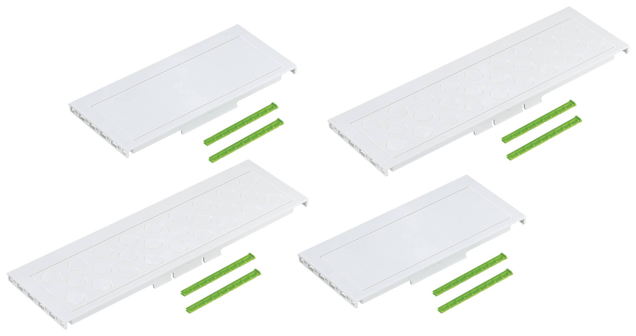 Quatre plaques de couverture blanches, chacune avec deux bandes de fixation vertes, disposées en diagonale sur un fond blanc.
