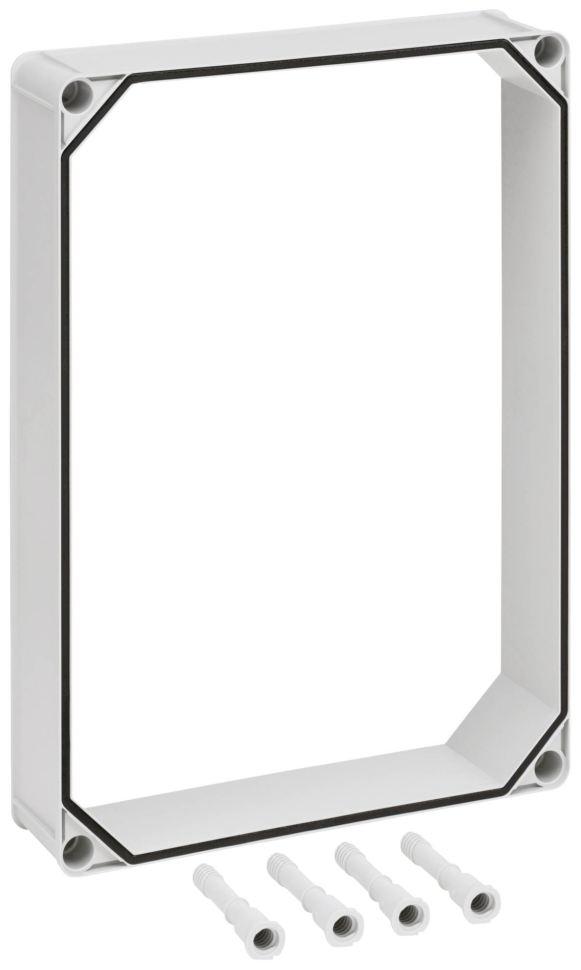 Un cadre rectangulaire en plastique avec quatre chevilles murales jointes, probablement destiné à la fixation d'un appareil électronique.