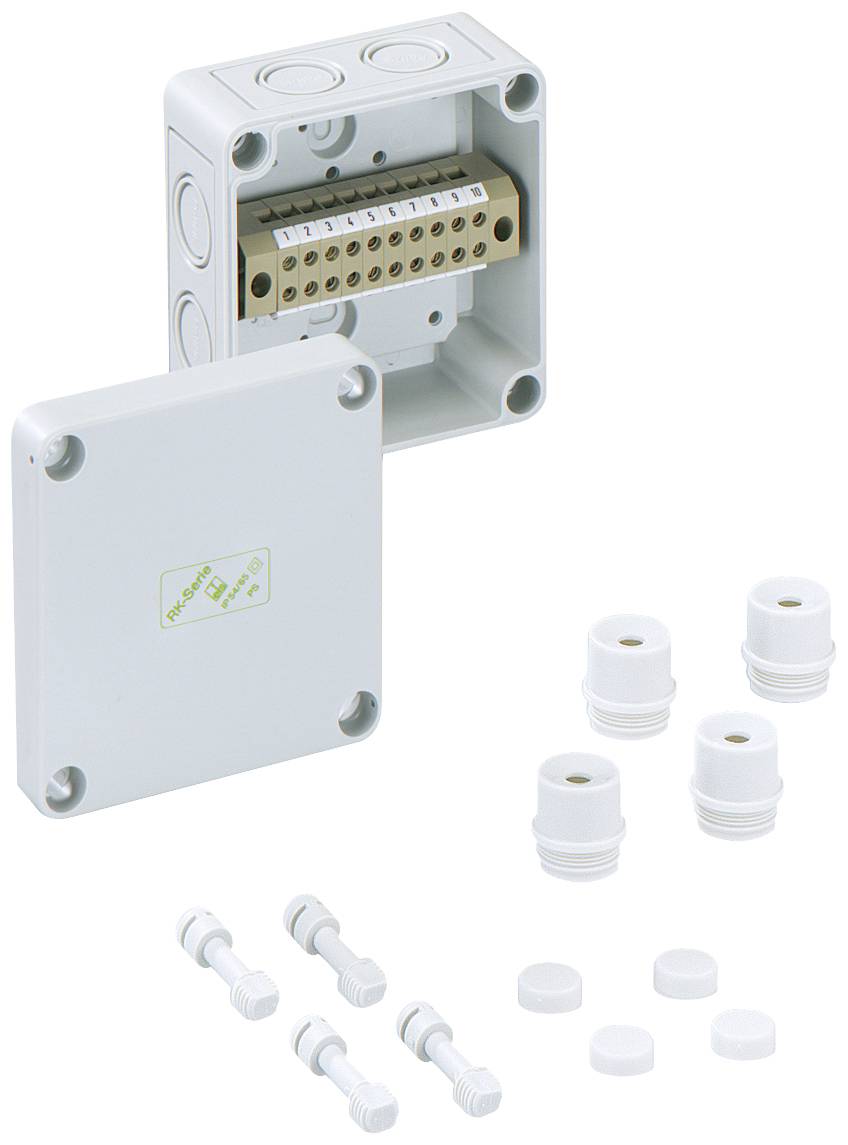 Boîte de distribution électrique ouverte, montrant son intérieur avec des connexions. À côté, le couvercle, les presse-étoupes et les vis de fixation.