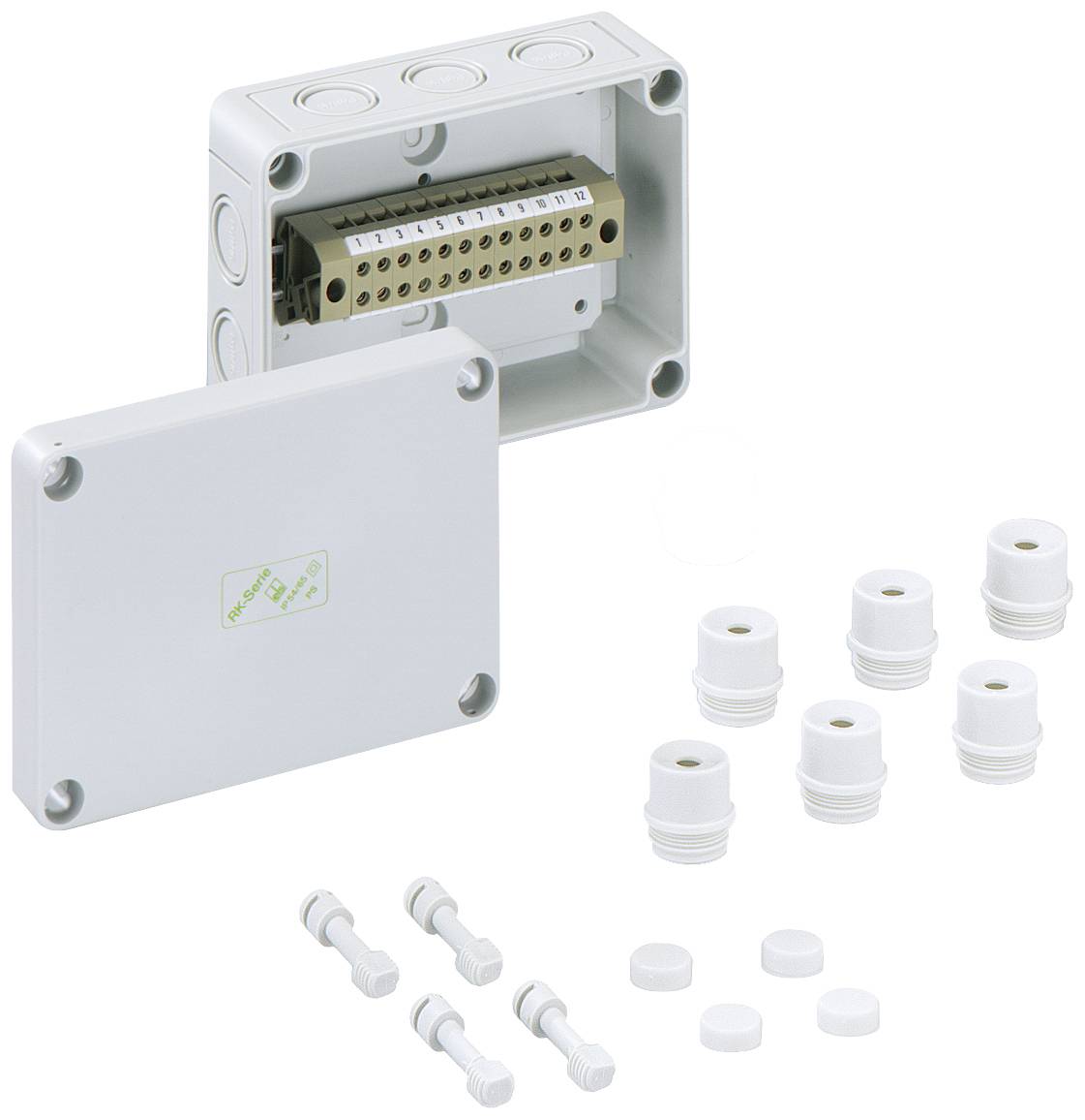 Armoire de distribution électrique avec couvercle amovible, barrette de connexion intégrée et plusieurs presse-étoupes.