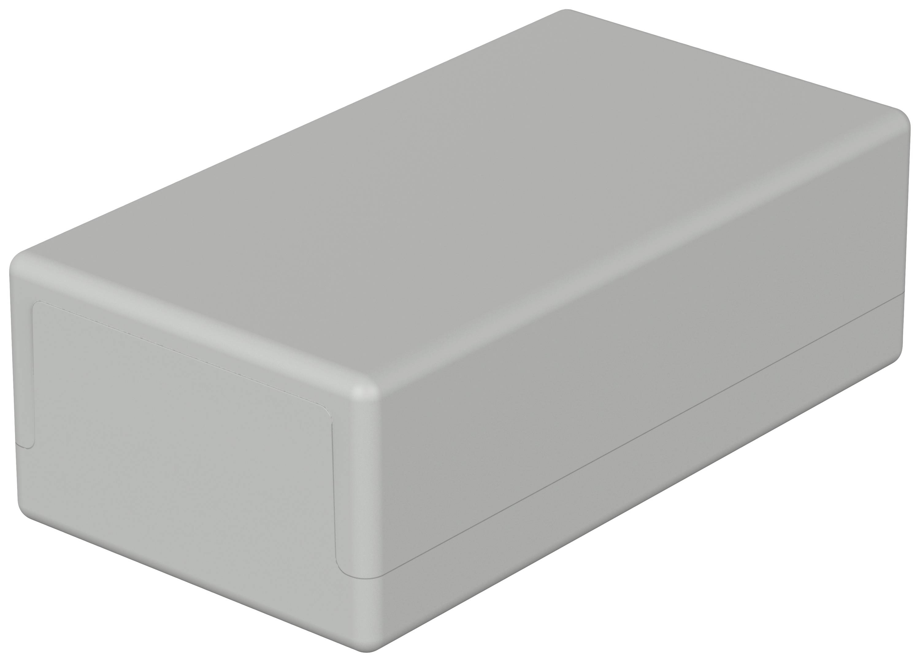 Boîte grise rectangulaire aux coins arrondis, posée sur une surface blanche.