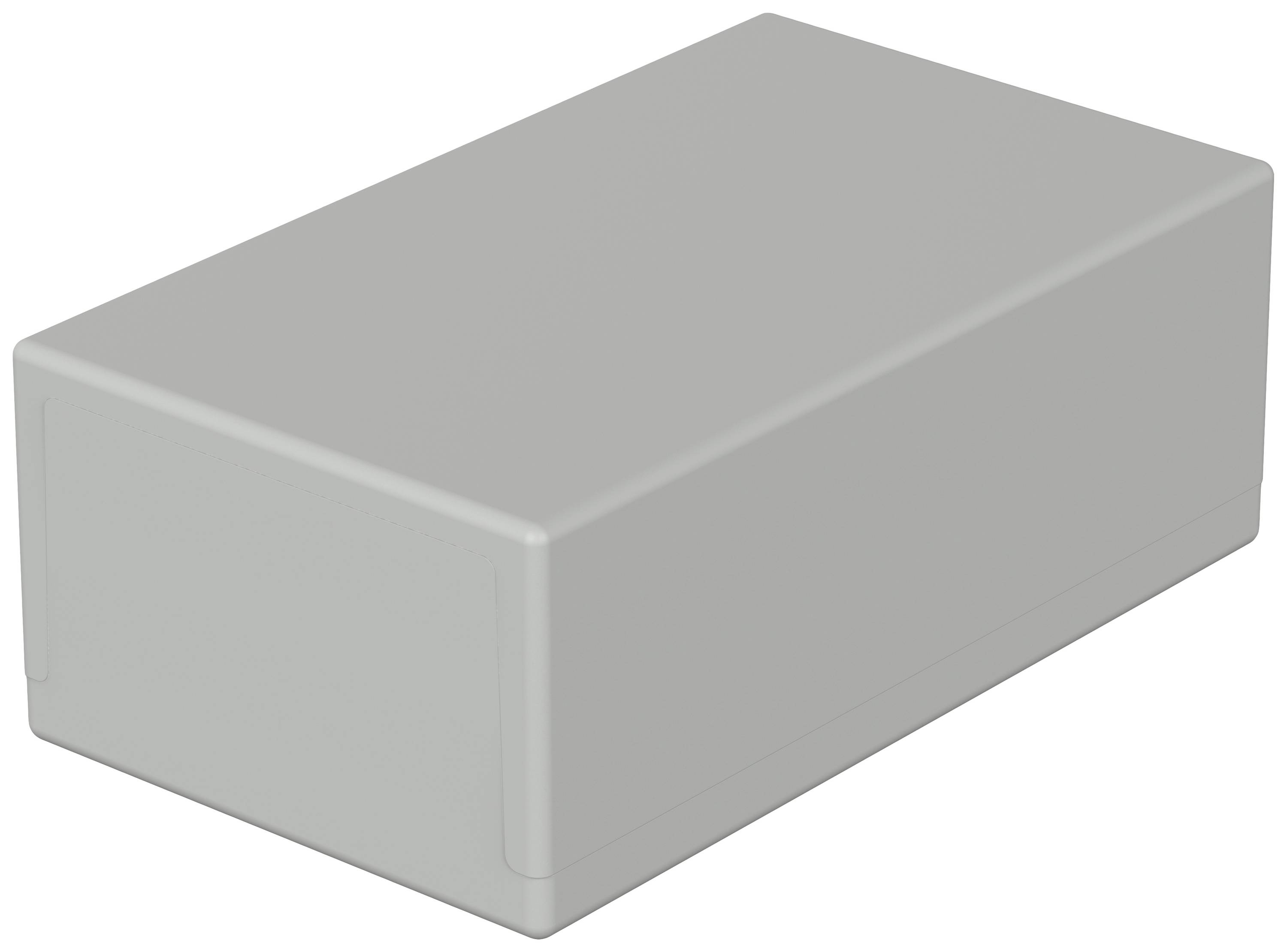 Boîtier en plastique gris rectangulaire, vu en perspective, sans ouvertures ni marques visibles.