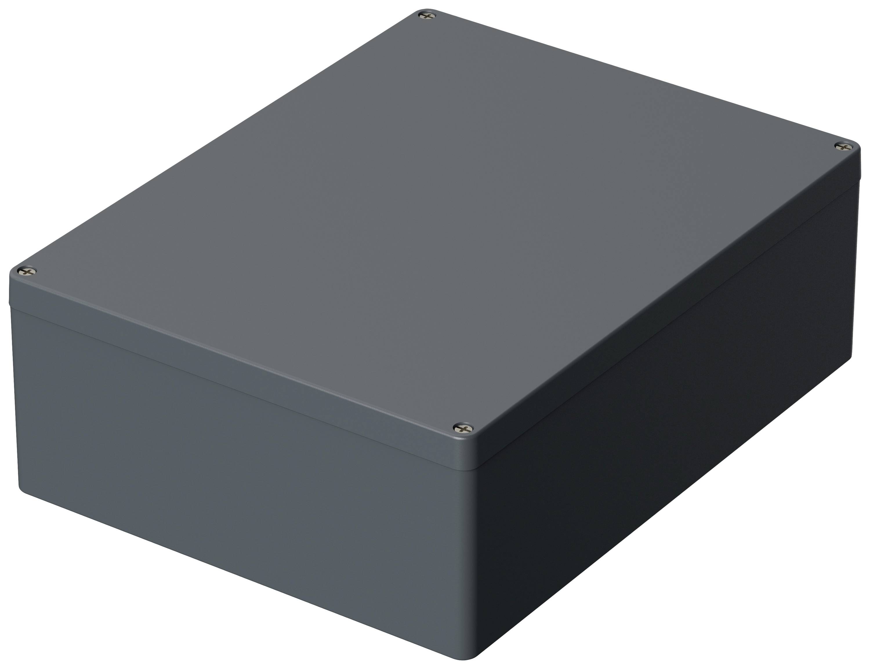 Un boîtier rectangulaire gris, légèrement surélevé, avec des vis aux angles. Il sert à protéger des composants électroniques.