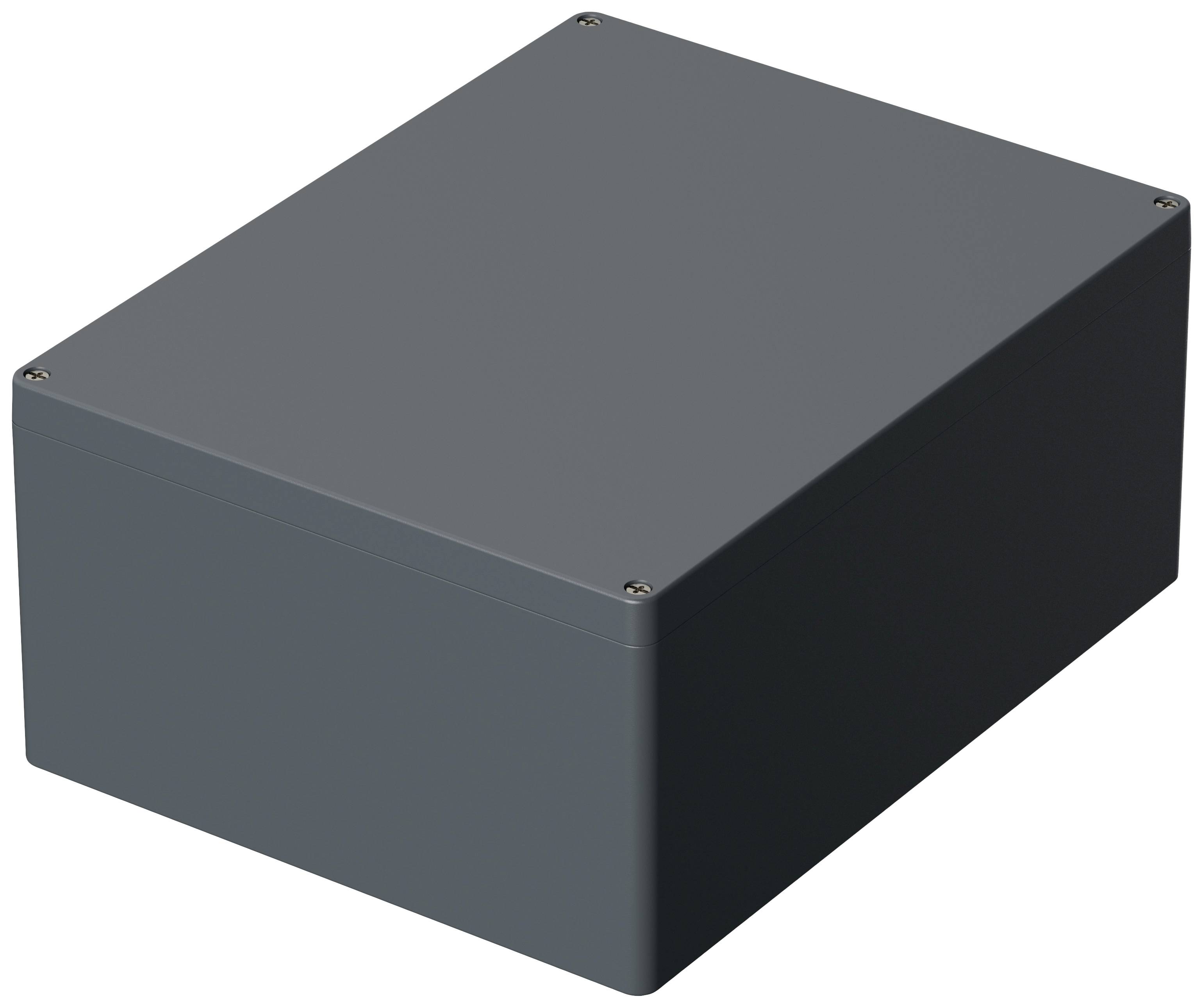 Un boîtier rectangulaire gris foncé avec des vis visibles aux coins. Adapté pour contenir des composants électroniques.