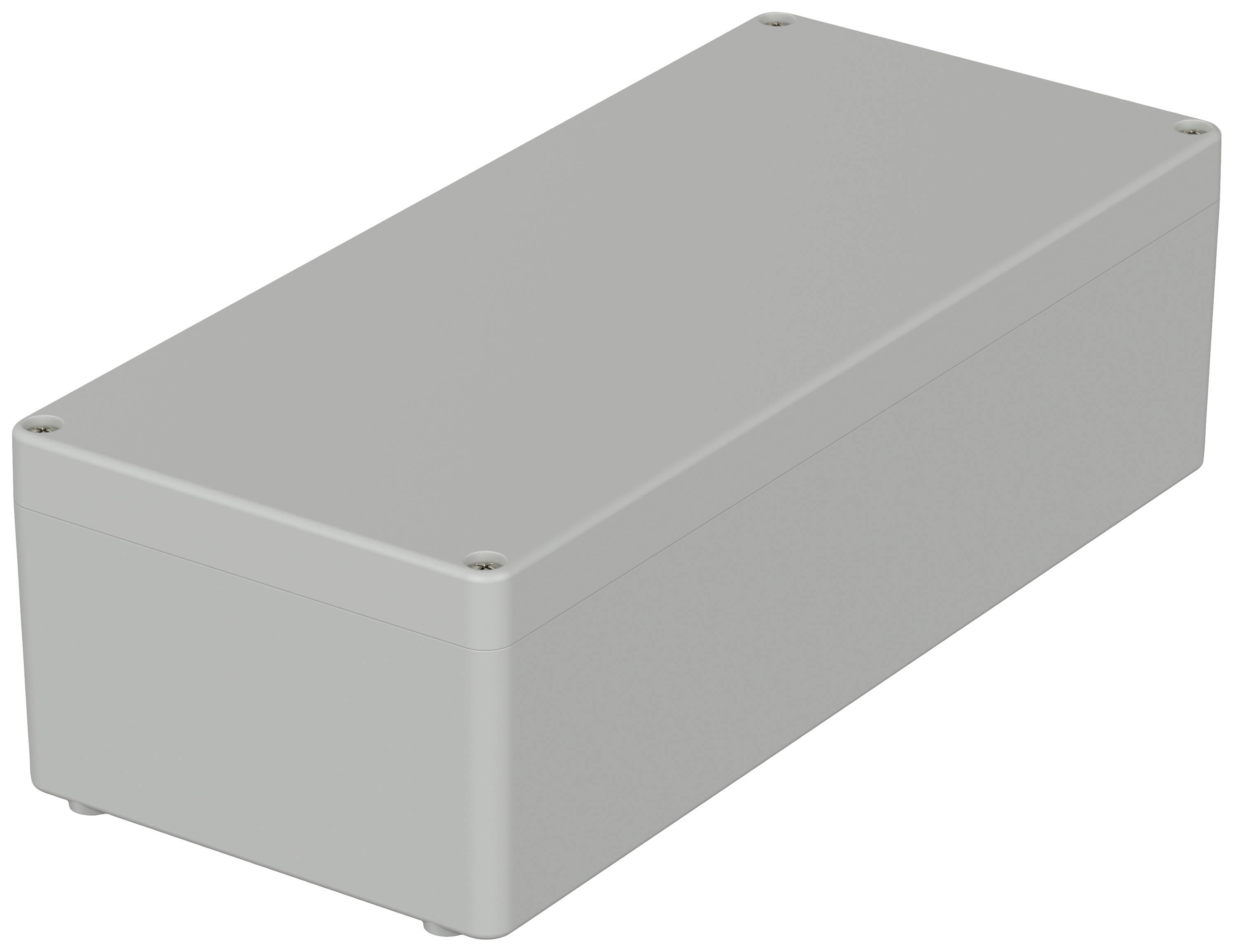 Un boîtier rectangulaire en plastique gris aux bords arrondis, avec des vis dans les coins.
