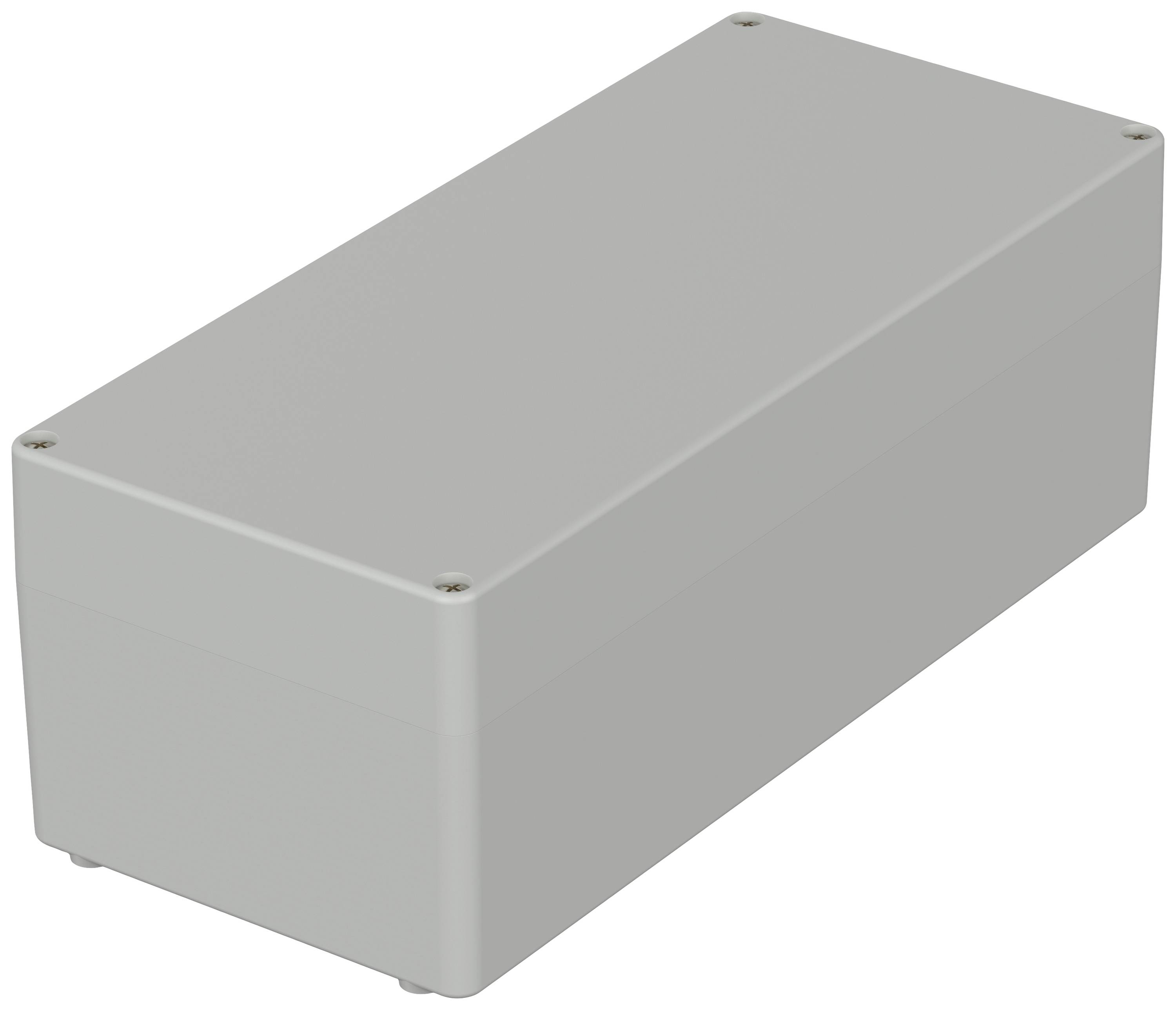 Boîtier électronique rectangulaire gris en plastique, adapté au rangement de composants électriques.