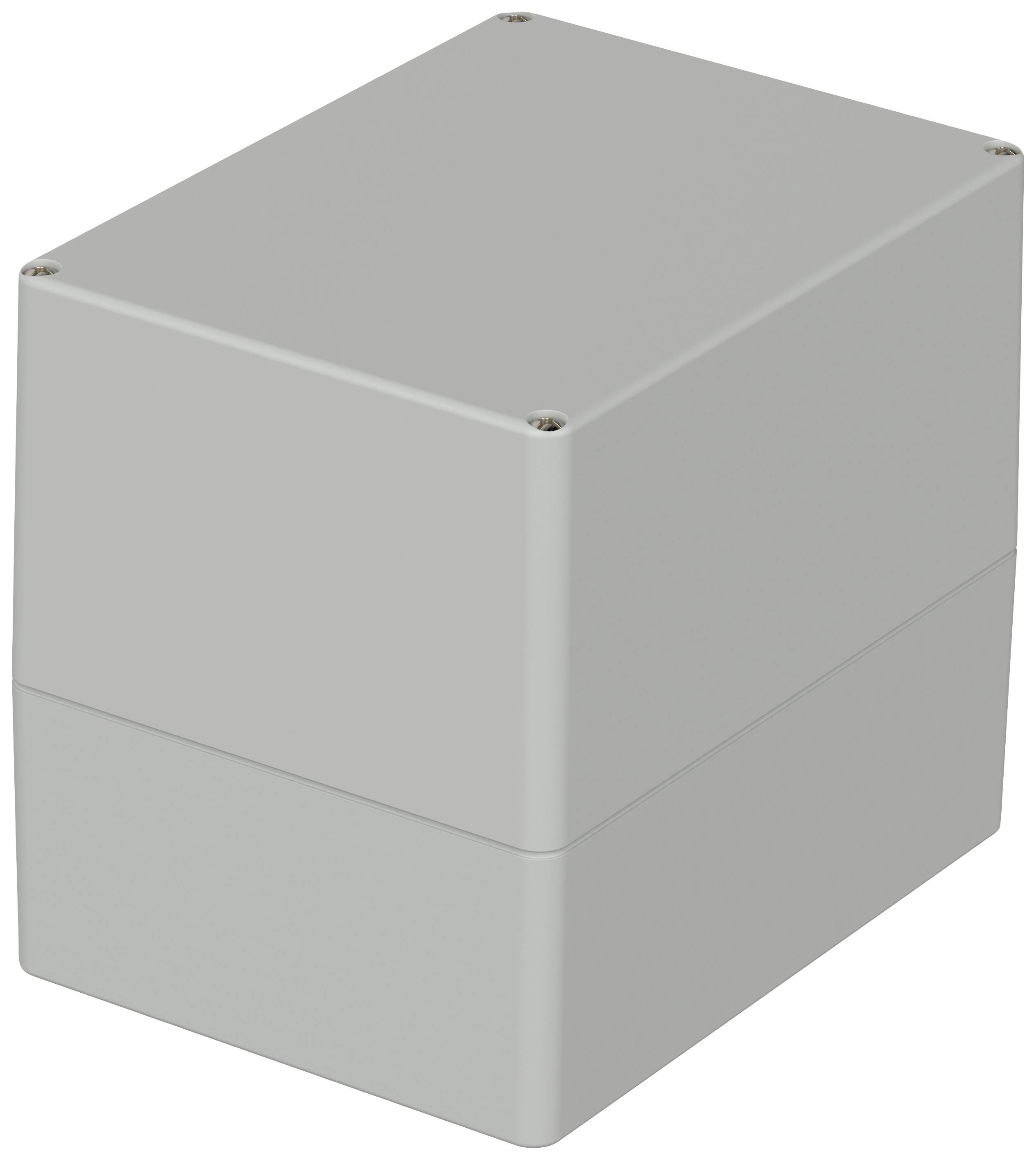 Boîte en plastique grise, rectangulaire, avec des angles arrondis et quatre vis situées aux coins.