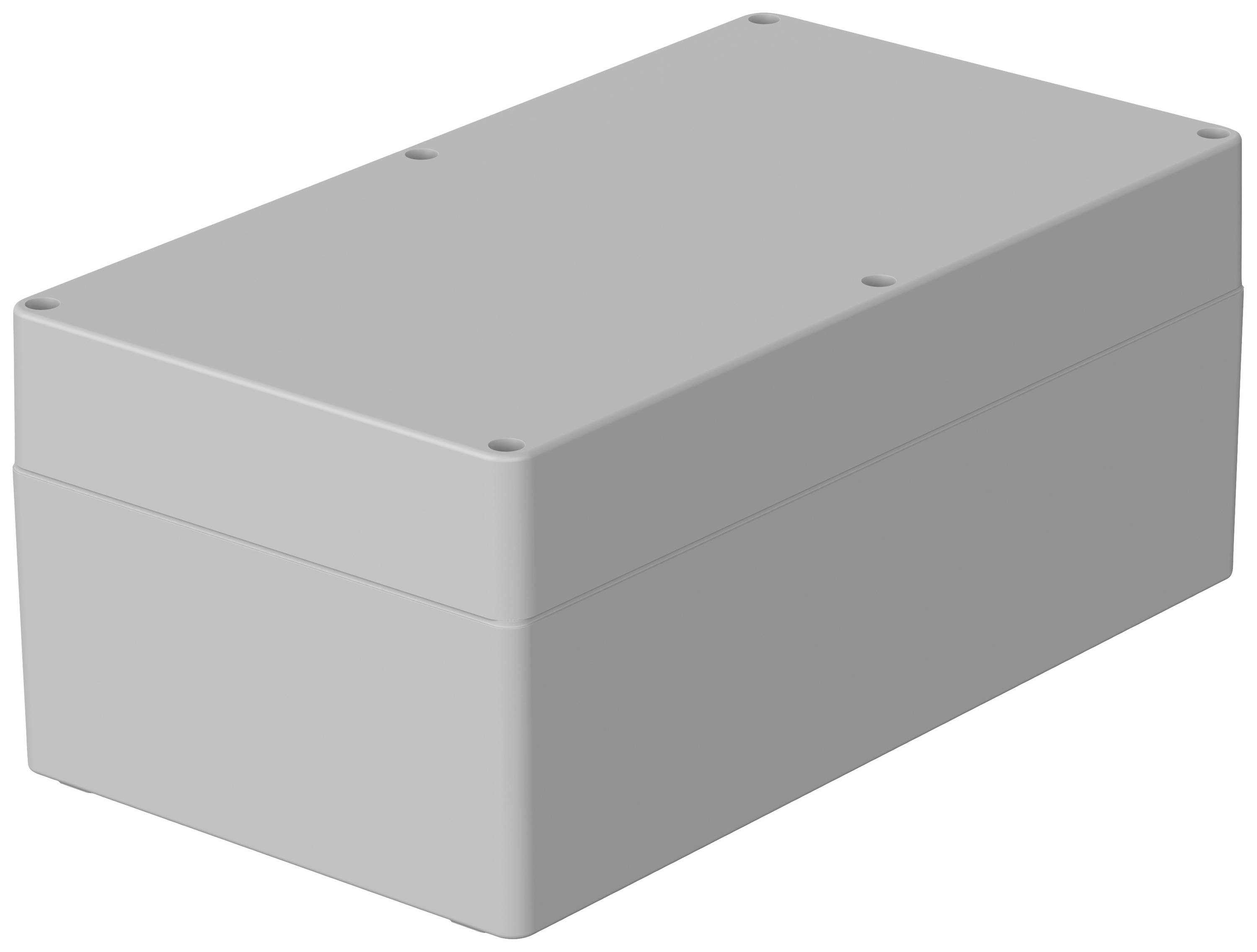 Boîtier rectangulaire en plastique gris. Il présente une surface lisse et aucune marque ou logo visible.