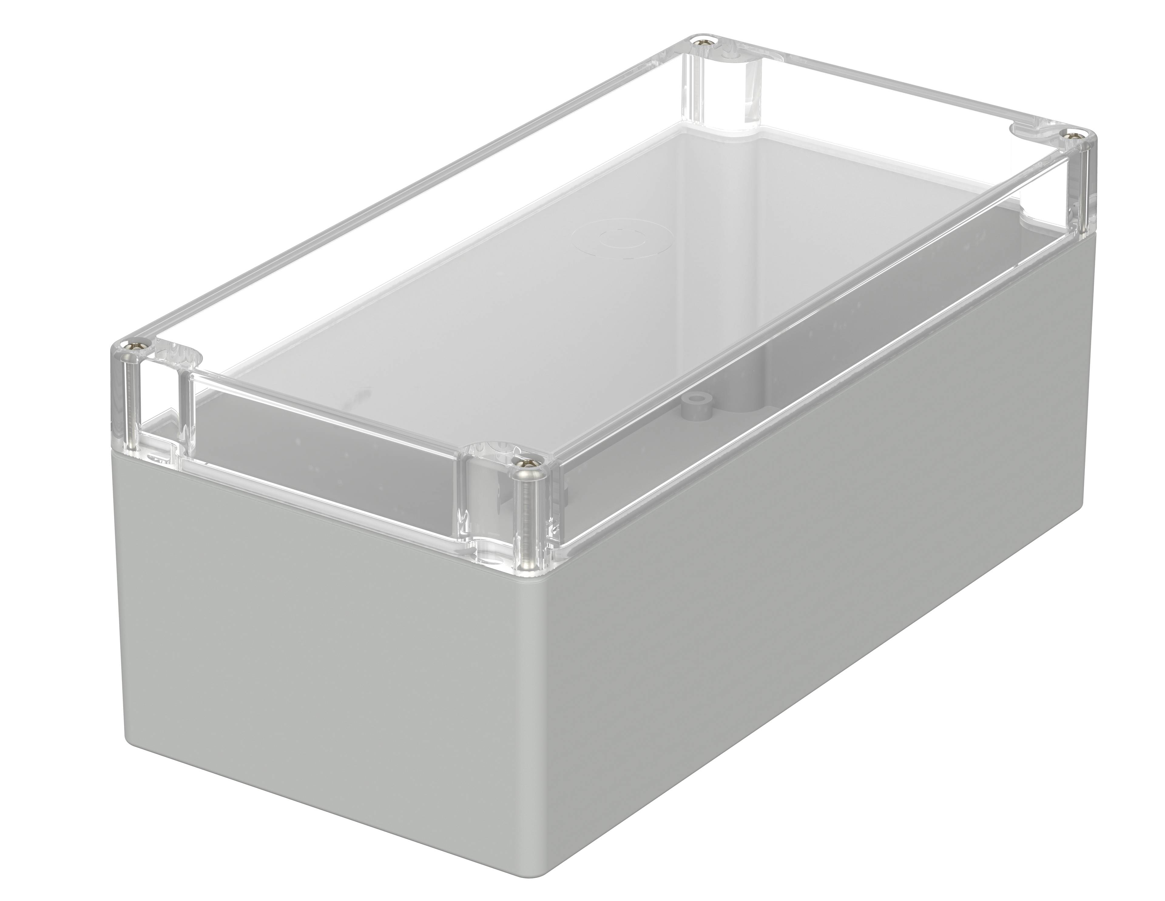 Boîtier en plastique avec couvercle transparent, de forme rectangulaire, adapté aux projets électroniques et à la protection des composants.