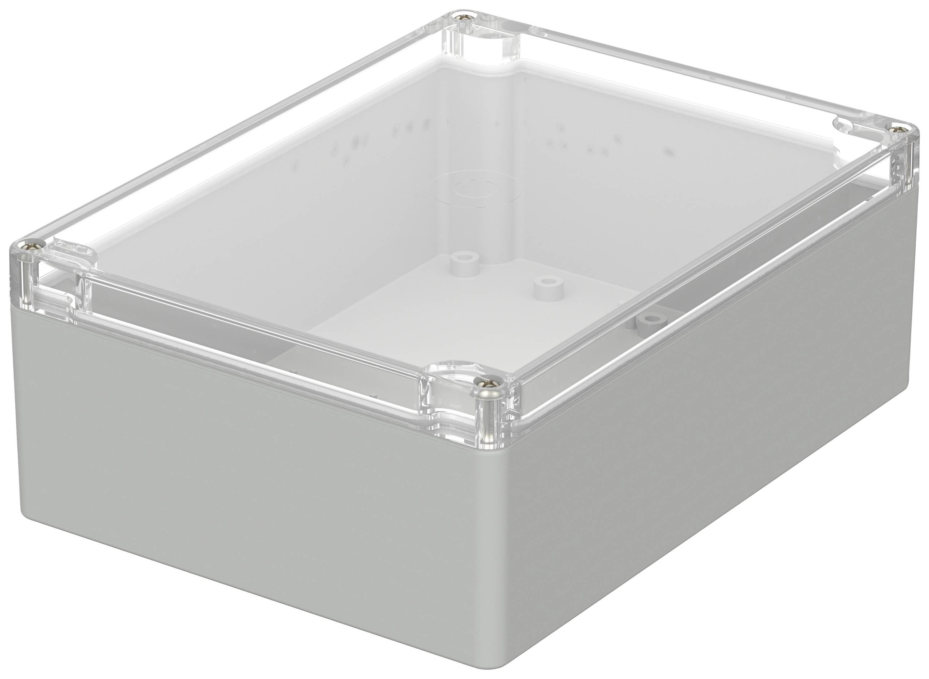 Boîtier rectangulaire en plastique transparent avec couvercle clair, adapté aux composants électroniques ou à la protection de petites pièces.