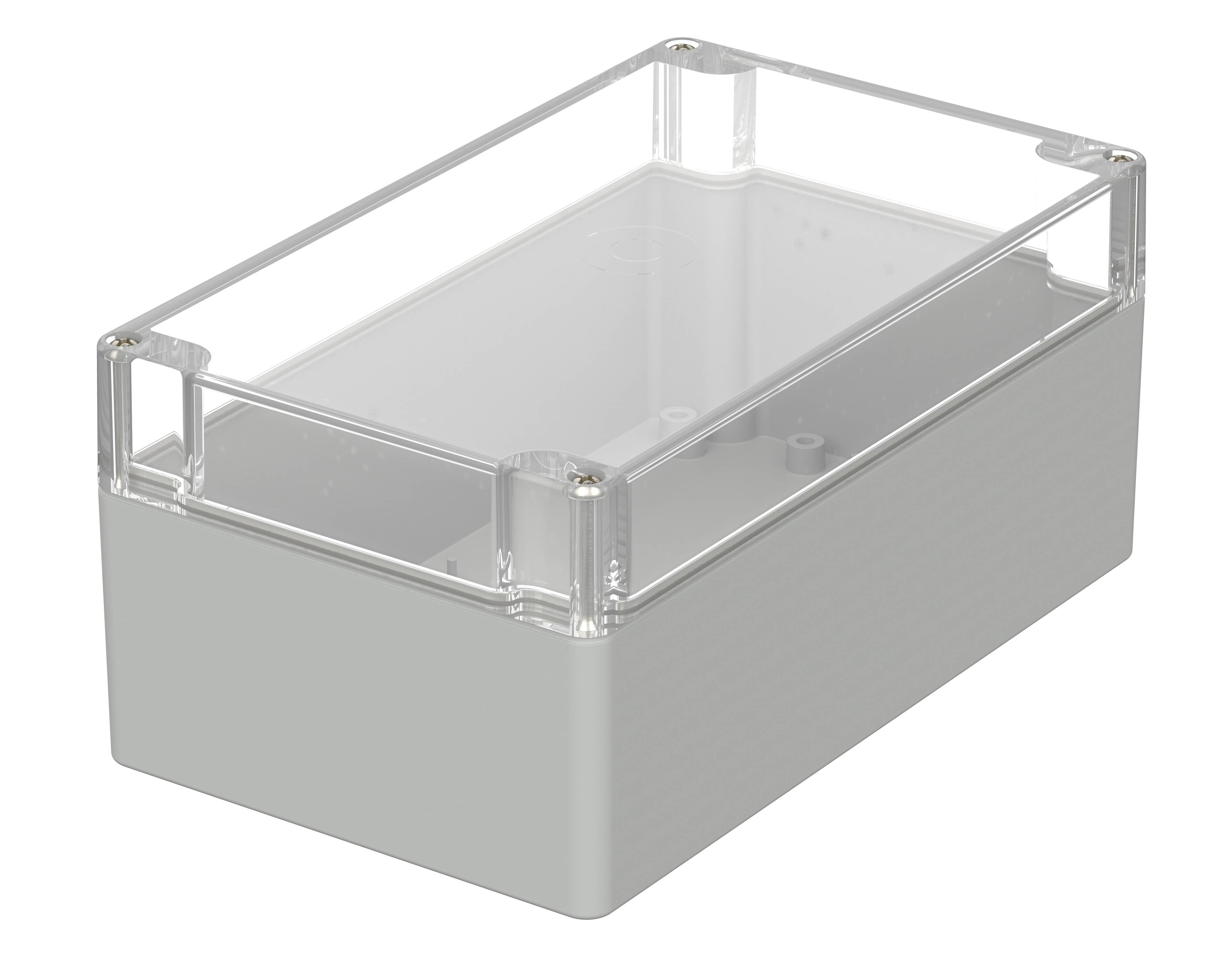 Boîtier rectangulaire gris avec couvercle transparent, offrant une protection électronique. Idéal pour les projets de bricolage et d'électronique.