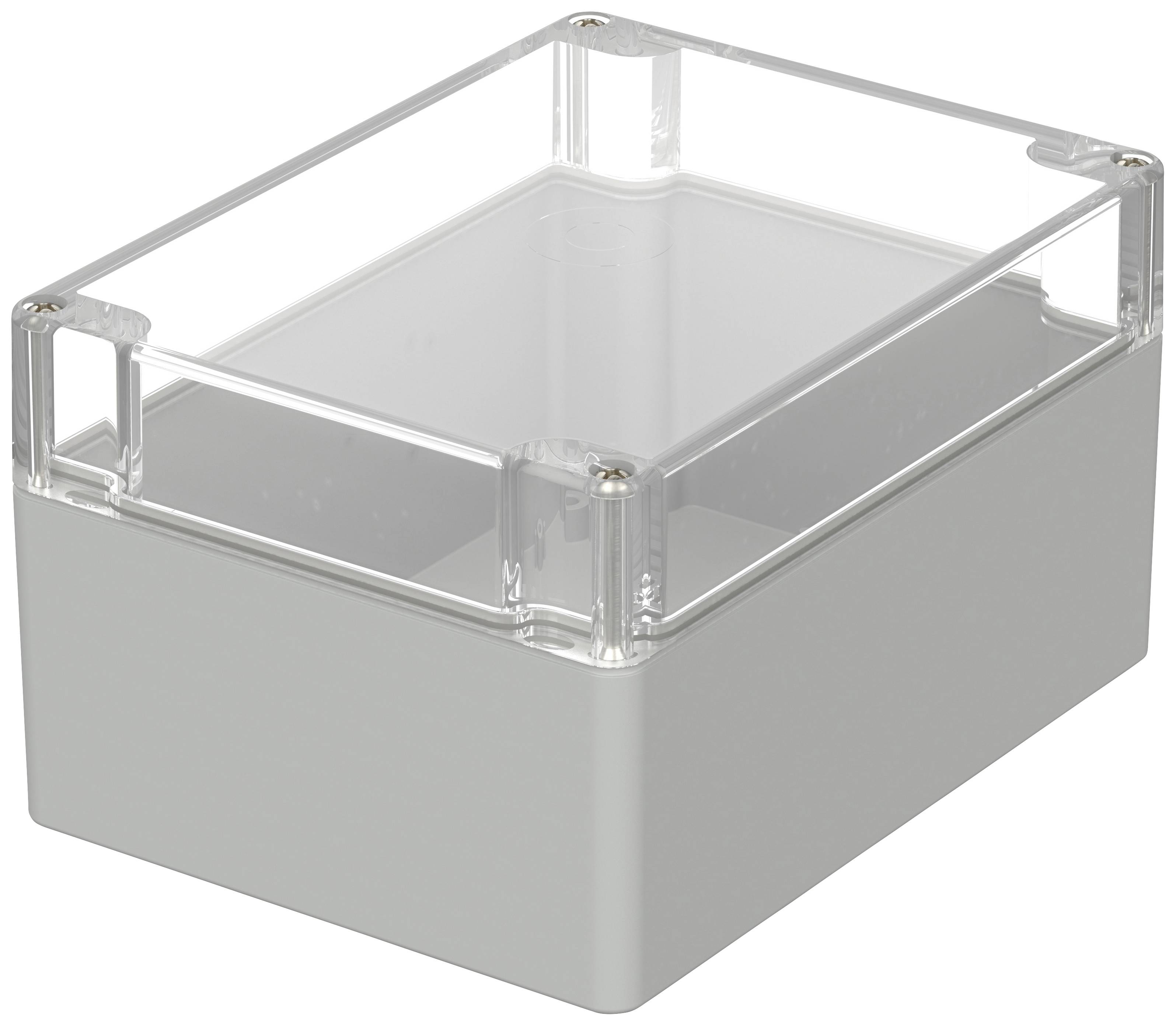 Un boîtier électronique rectangulaire gris clair avec un couvercle transparent, conçu pour héberger en toute sécurité des composants électroniques.