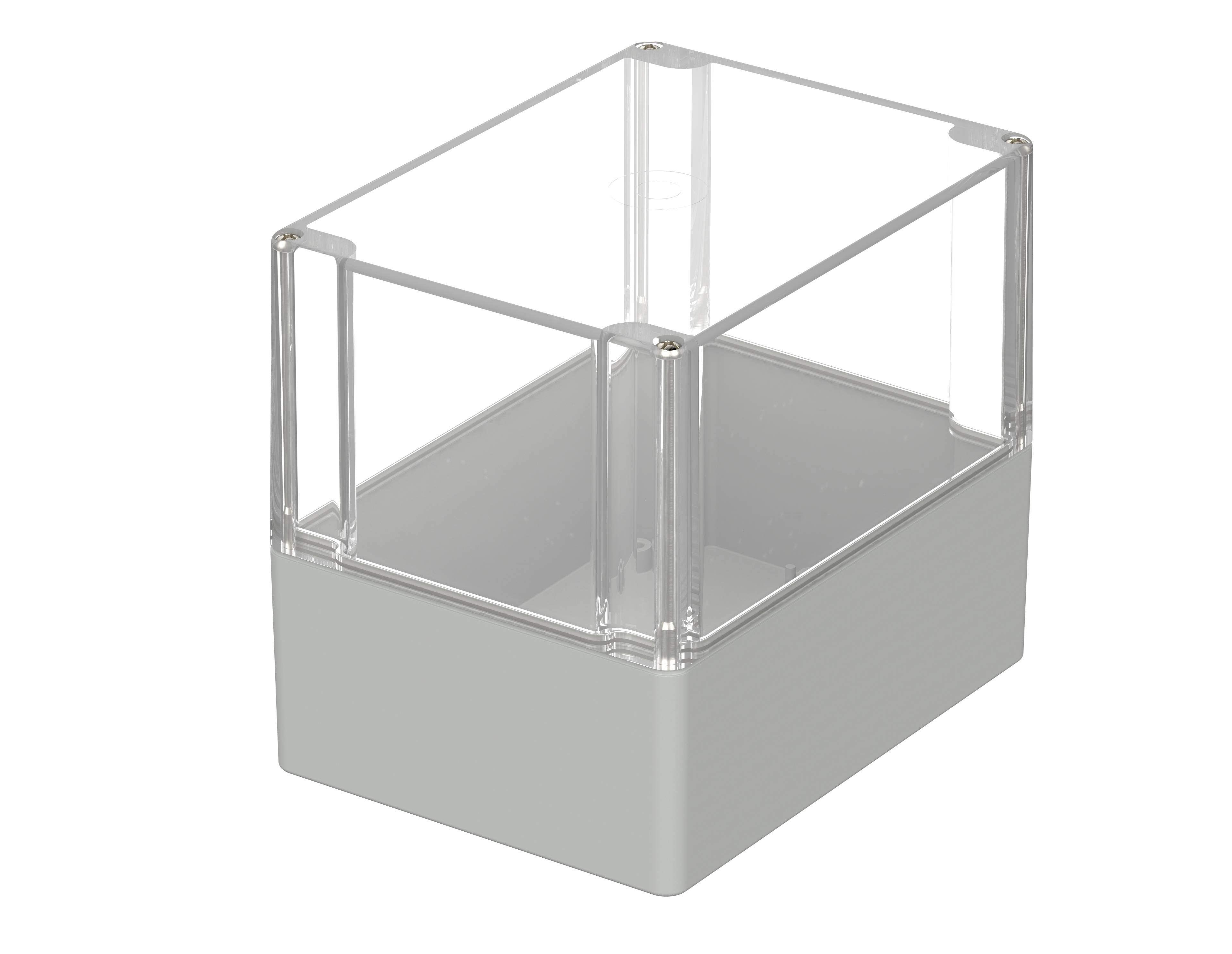 Récipient en plastique transparent de forme rectangulaire avec un couvercle amovible, sur un fond neutre.
