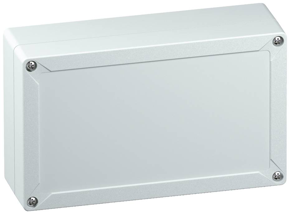 Un boîtier rectangulaire gris aux angles arrondis, équipé de quatre vis aux coins, adapté pour les installations électroniques.