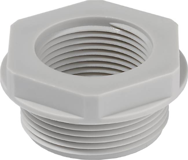 Un raccord en plastique gris avec un filetage extérieur, une tête hexagonale et une ouverture centrale, utilisé pour les connexions de tuyaux.