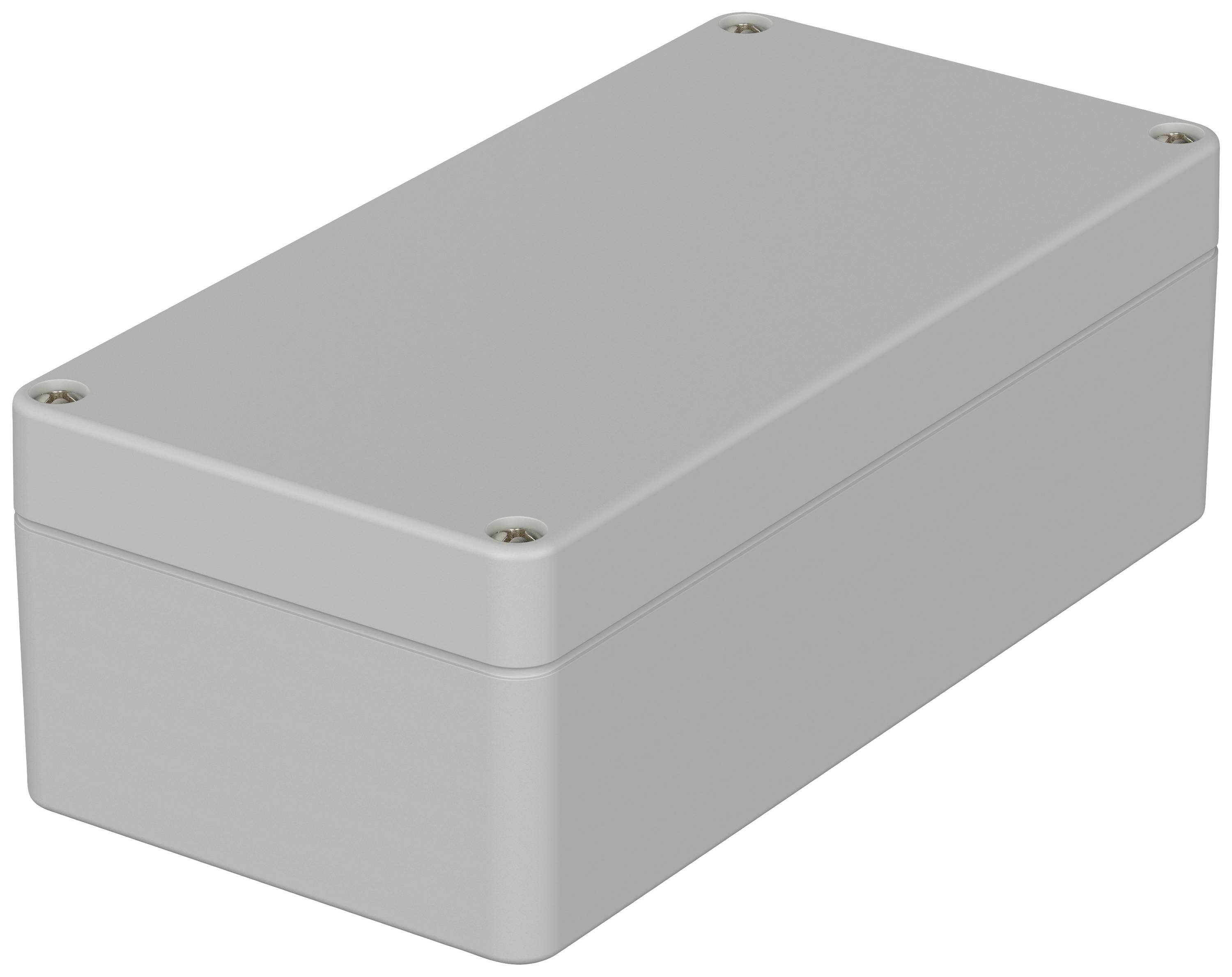 Boîtier gris rectangulaire aux coins arrondis, avec des vis à chaque angle. Idéal pour le rangement sécurisé des composants électroniques.