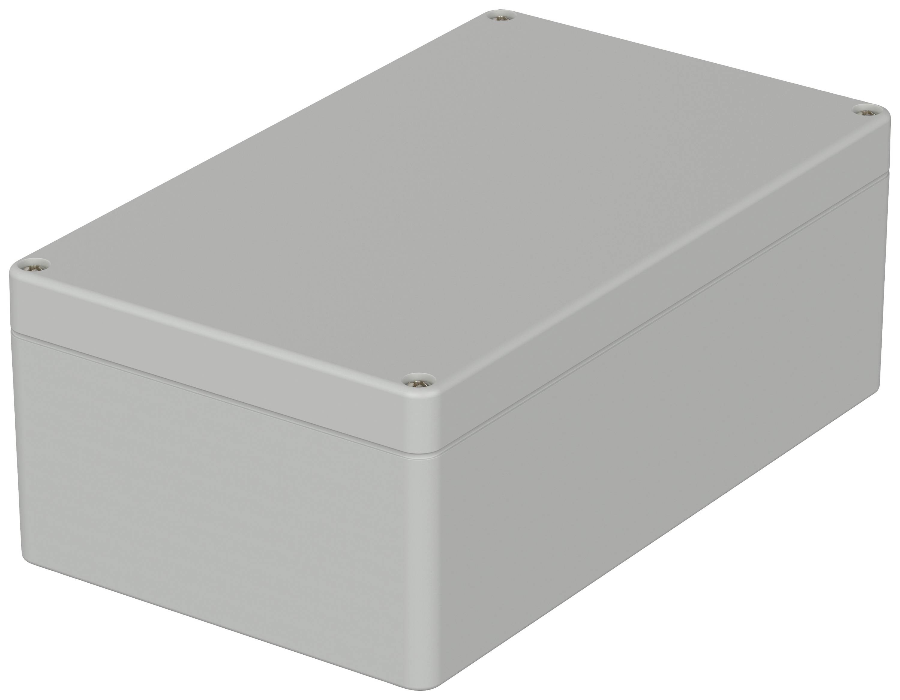 Boîtier gris, rectangulaire avec des coins arrondis et quatre vis aux angles du couvercle.