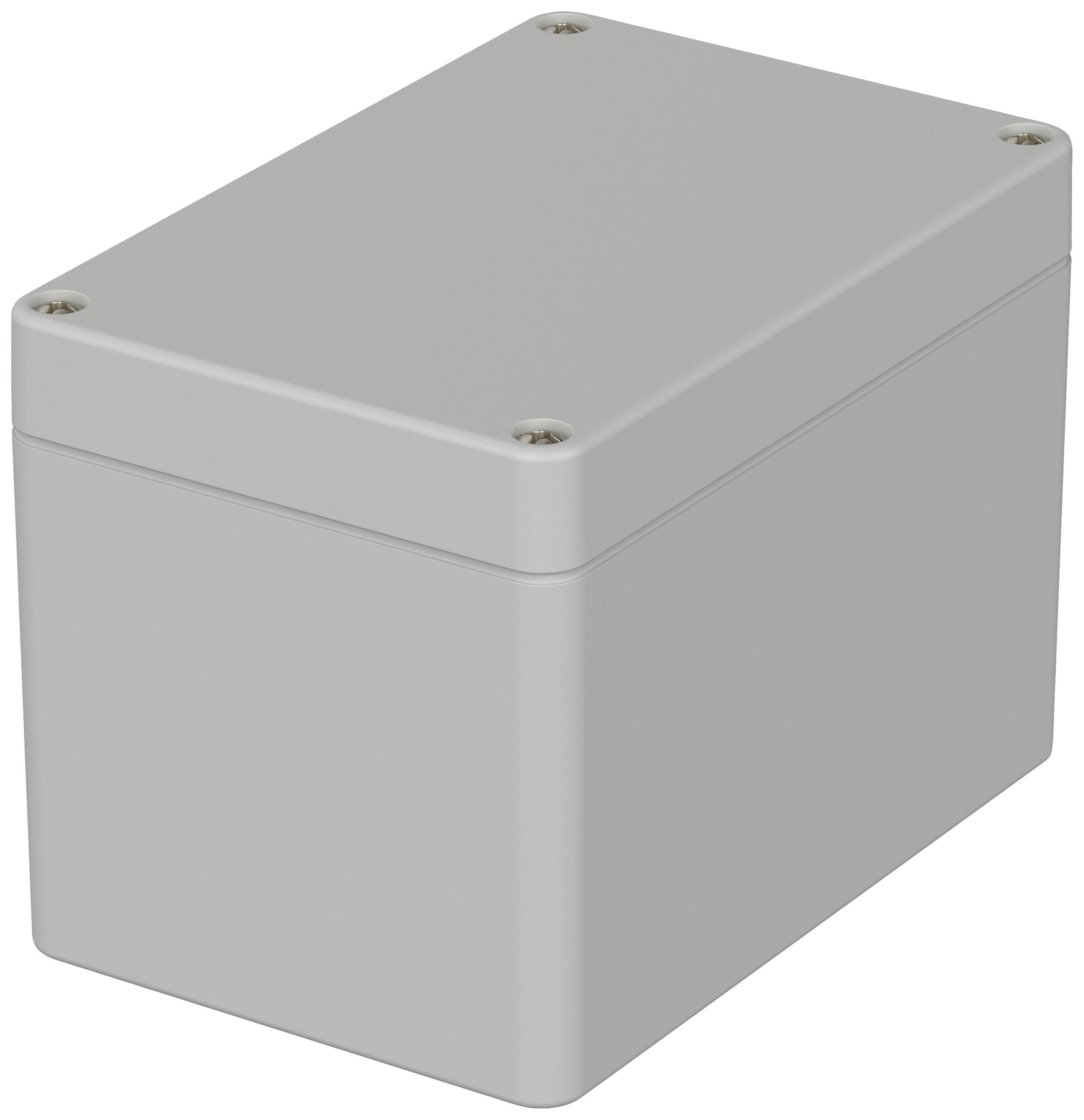 Boîtier rectangulaire en plastique gris avec couvercle amovible, adapté aux installations électroniques ou électriques.