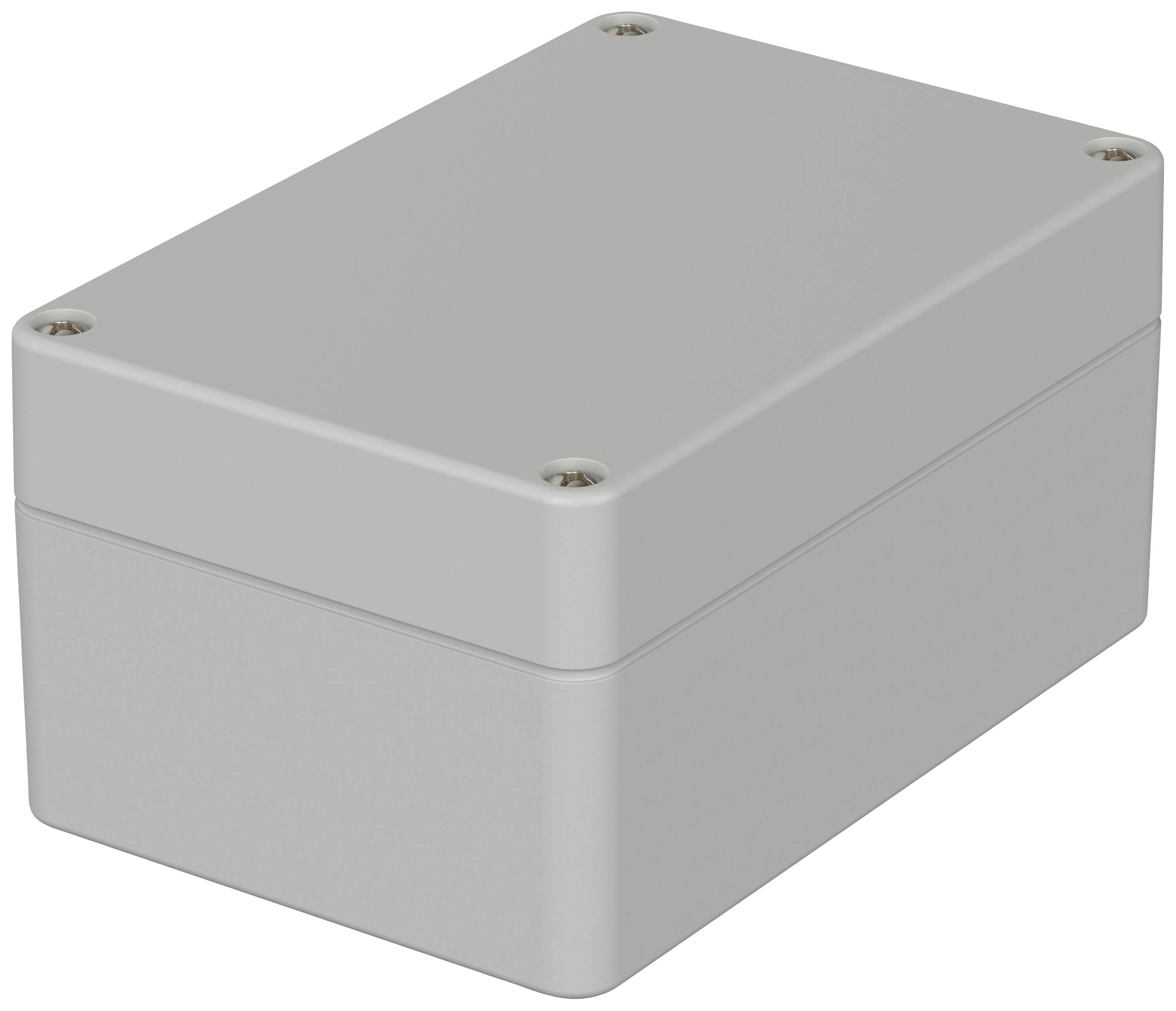 Boîte rectangulaire grise en plastique avec des coins arrondis et quatre vis aux angles. Adaptée pour des applications électriques ou électroniques.