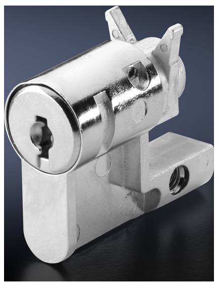 Serrure cylindrique en finition métallique sur un fond flou, illustrant une construction robuste pour des applications industrielles.
