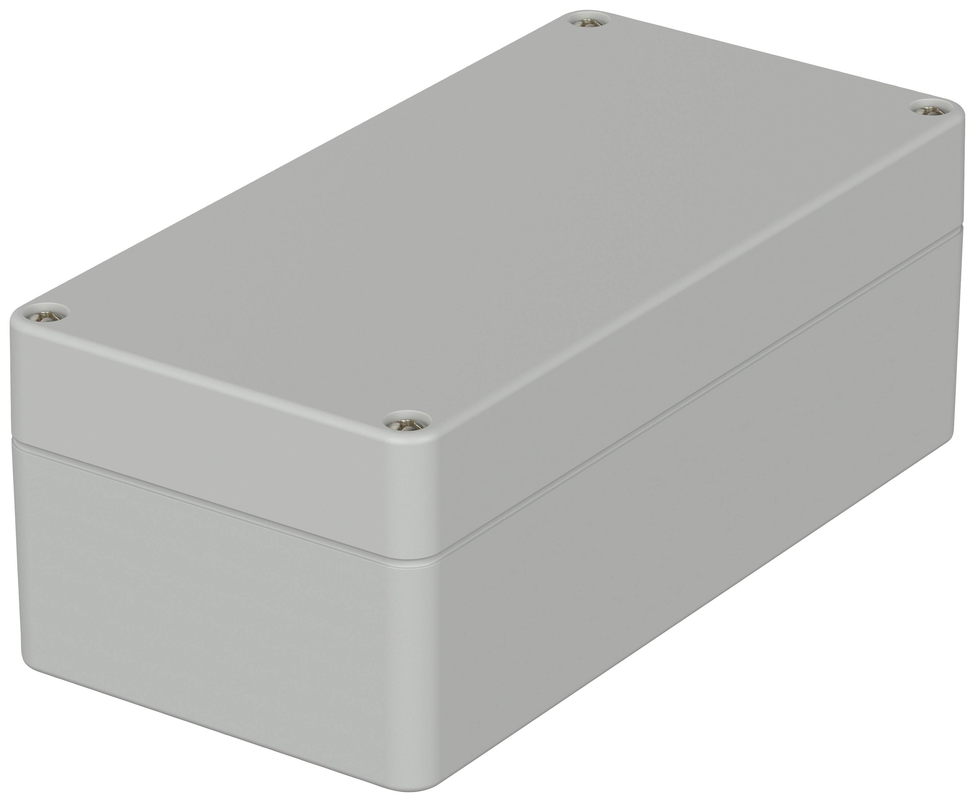 Boîtier rectangulaire gris en plastique avec des vis dans les coins, probablement destiné à des composants électroniques ou des connexions.