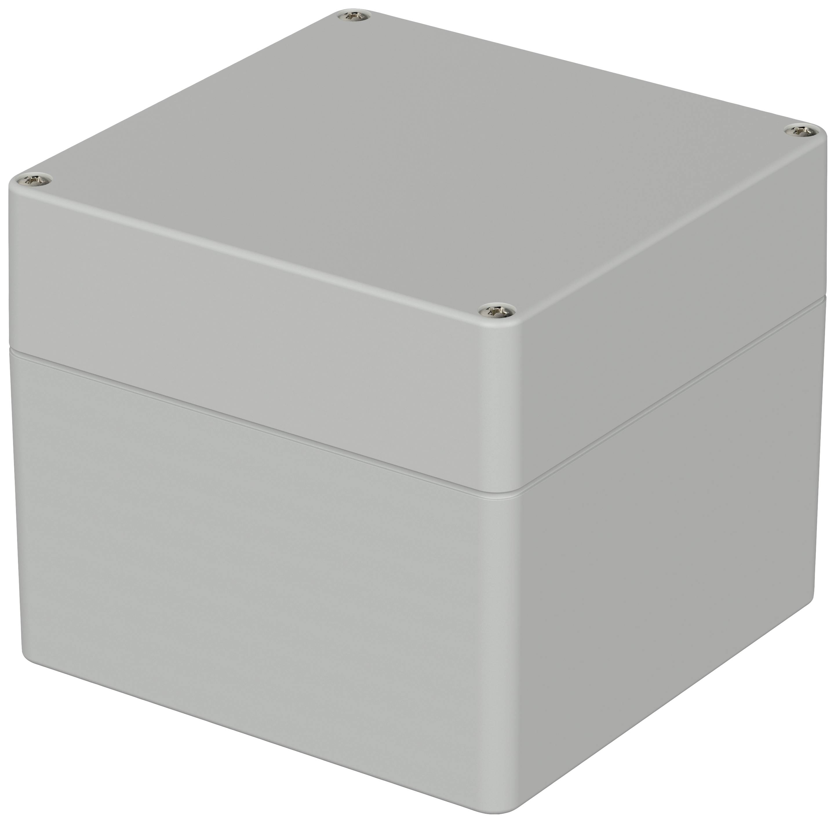 Boîtier gris, carré, avec des vis aux angles. Utilisé pour les composants électroniques.