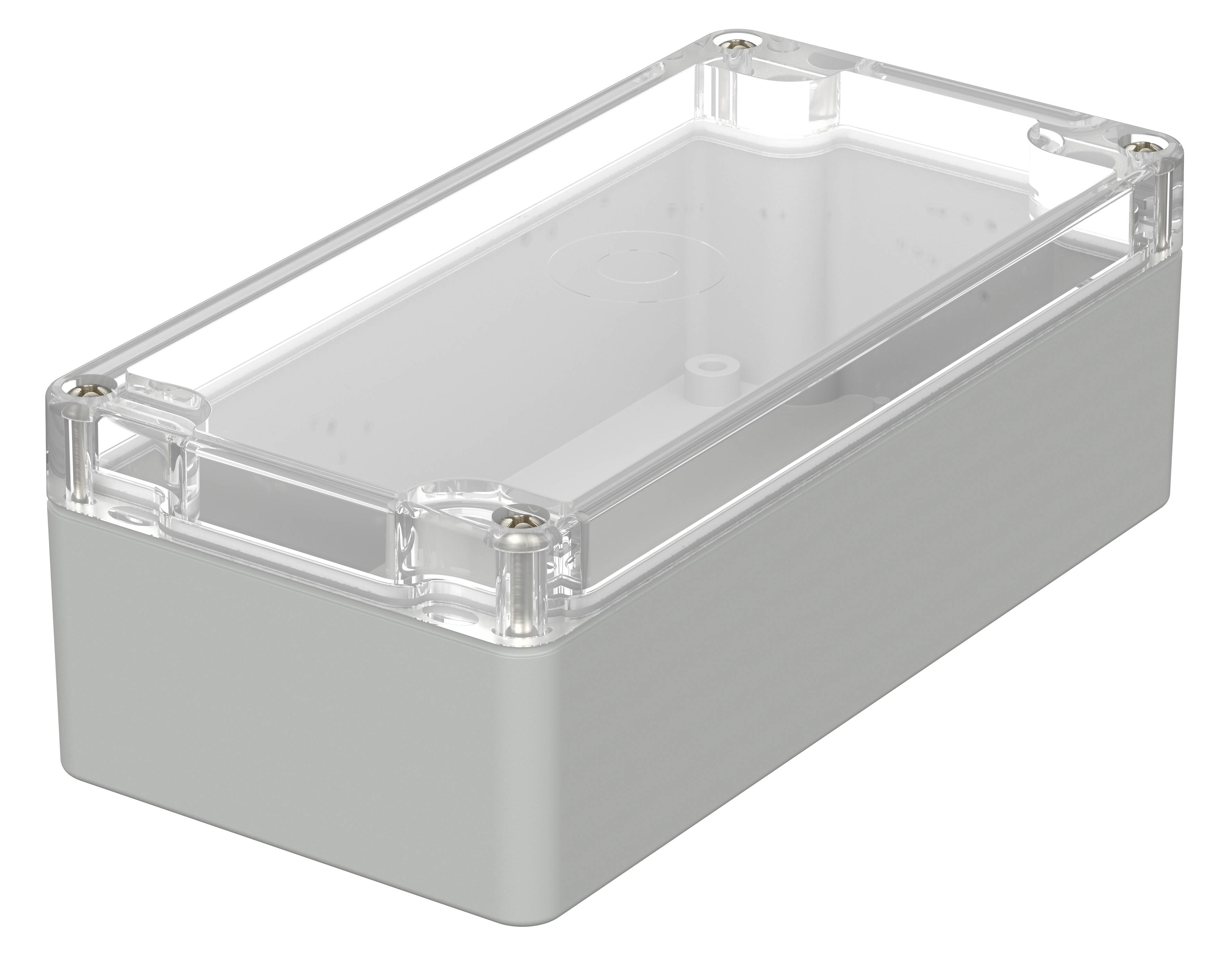 Boîte rectangulaire blanche avec couvercle transparent, adaptée aux composants électroniques.