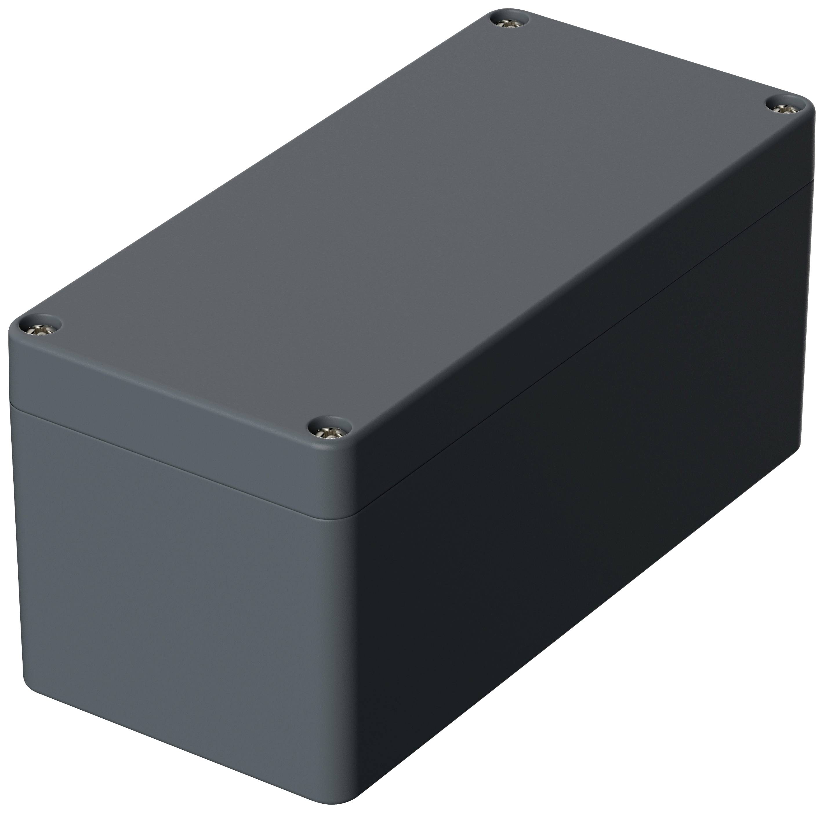 Un boîtier rectangulaire en plastique gris foncé aux angles arrondis, maintenu par quatre vis fixant le couvercle.
