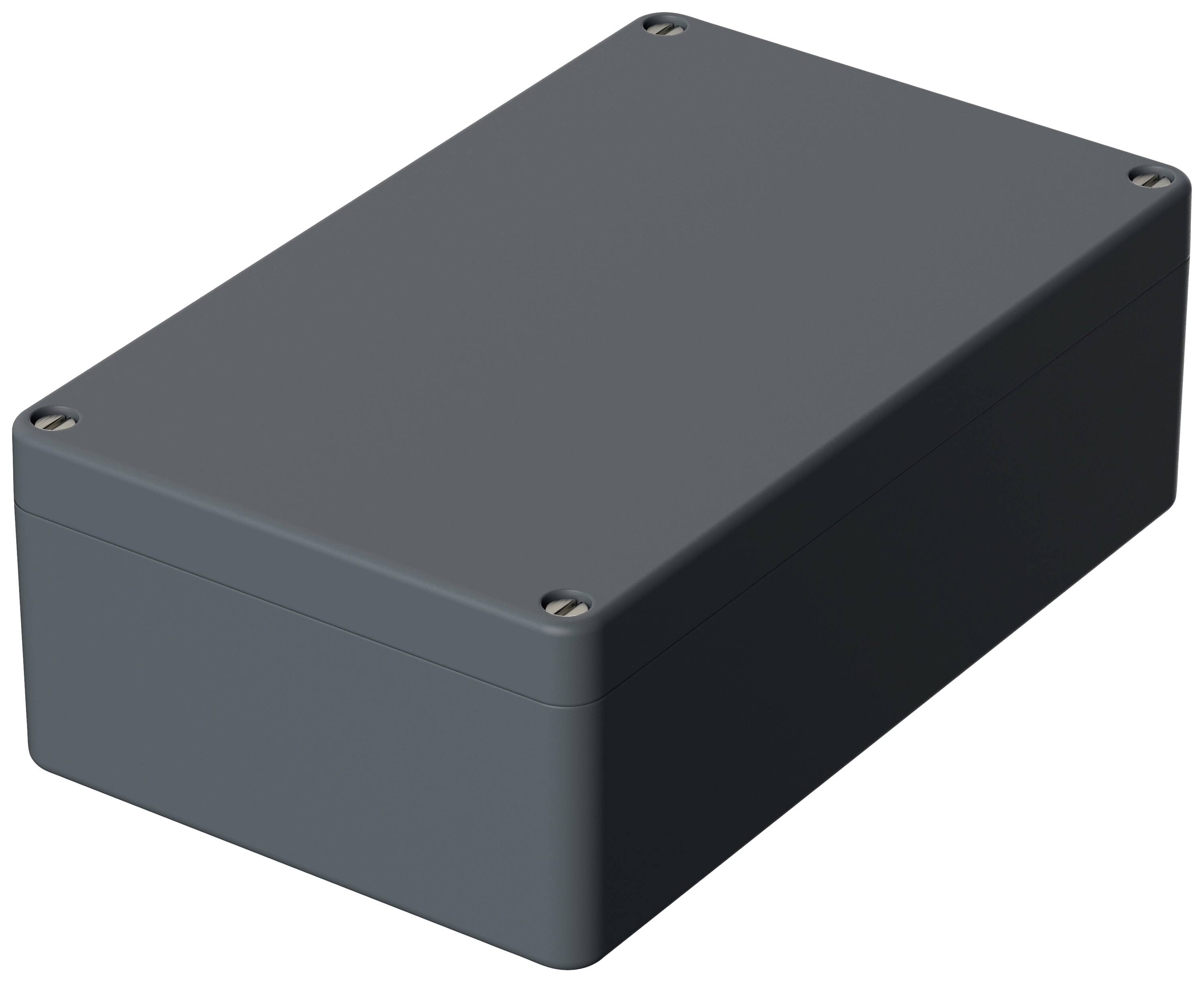 Boîtier rectangulaire en plastique gris avec quatre vis aux angles. Adapté pour protéger des composants électroniques.