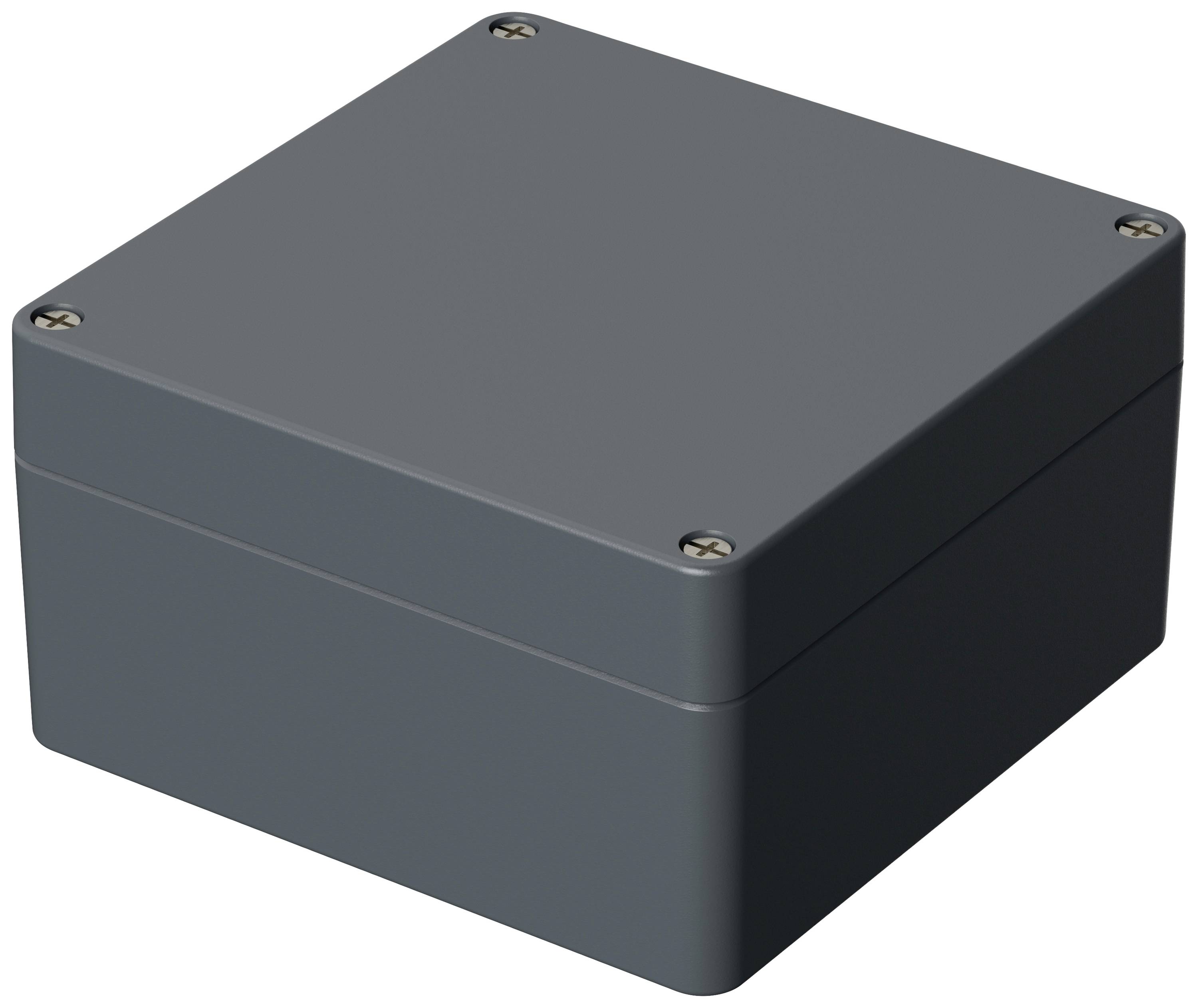 Un boîtier rectangulaire gris avec quatre vis aux coins ; sert probablement à protéger des composants électroniques.