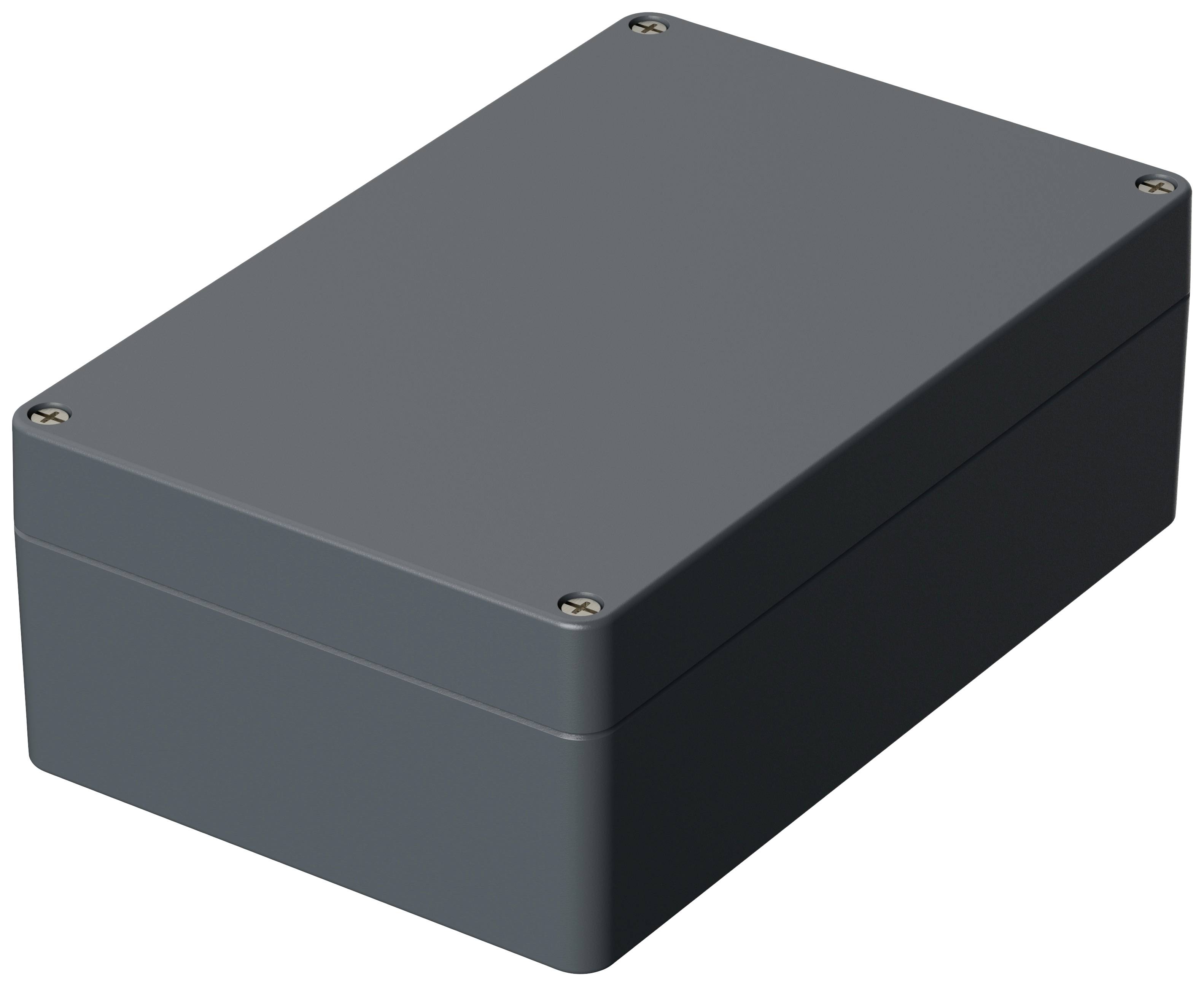Un boîtier rectangulaire gris avec des vis dans les coins, adapté pour recevoir des composants électroniques.