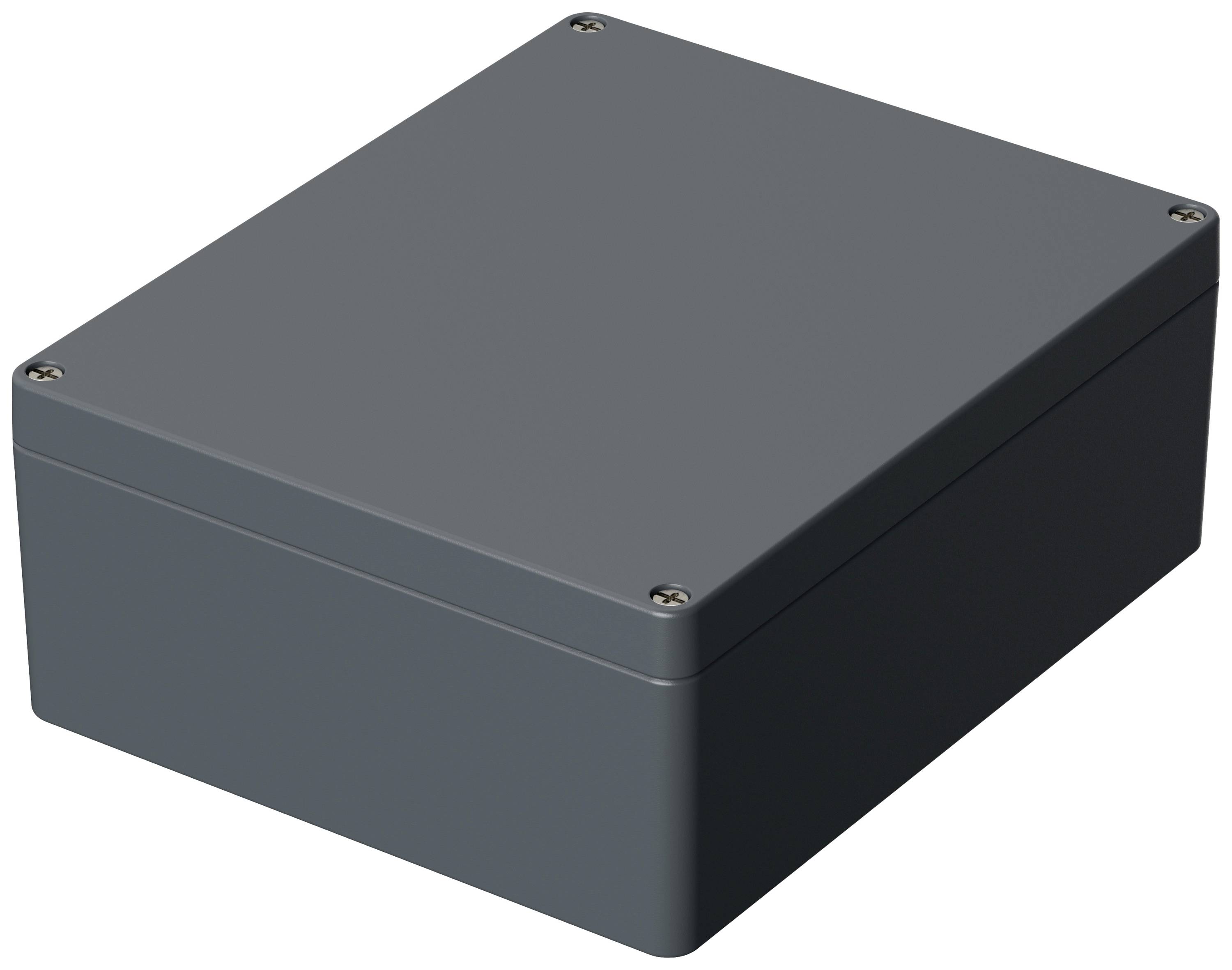 Un boîtier rectangulaire gris aux angles arrondis, avec un couvercle vissé, adapté aux composants électroniques.