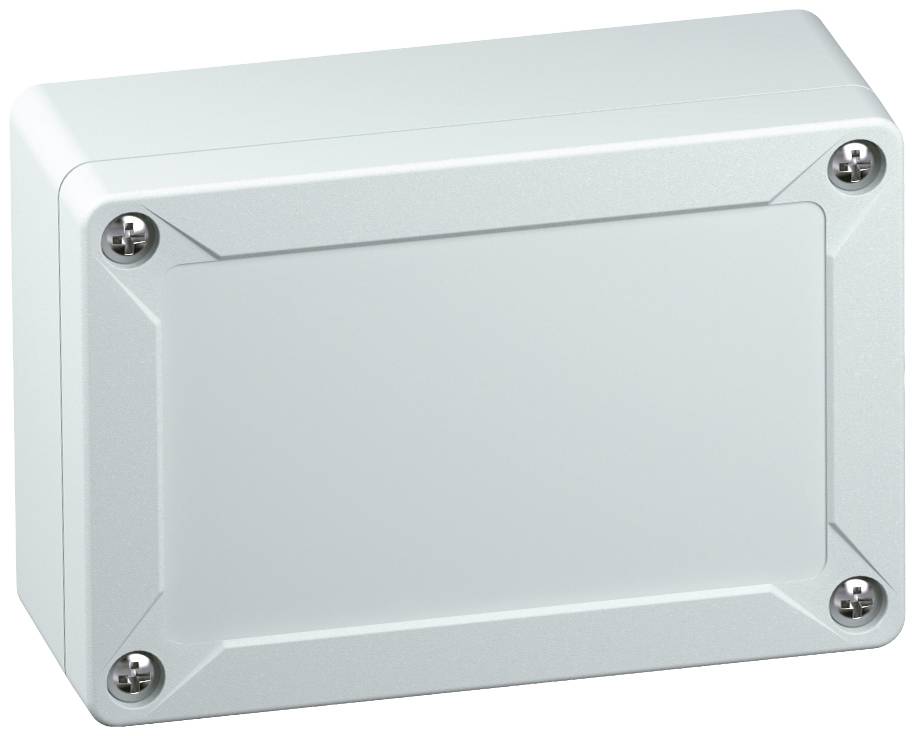 Boîtier rectangulaire gris avec des vis dans les coins. Il pourrait être utilisé pour contenir des composants électroniques.