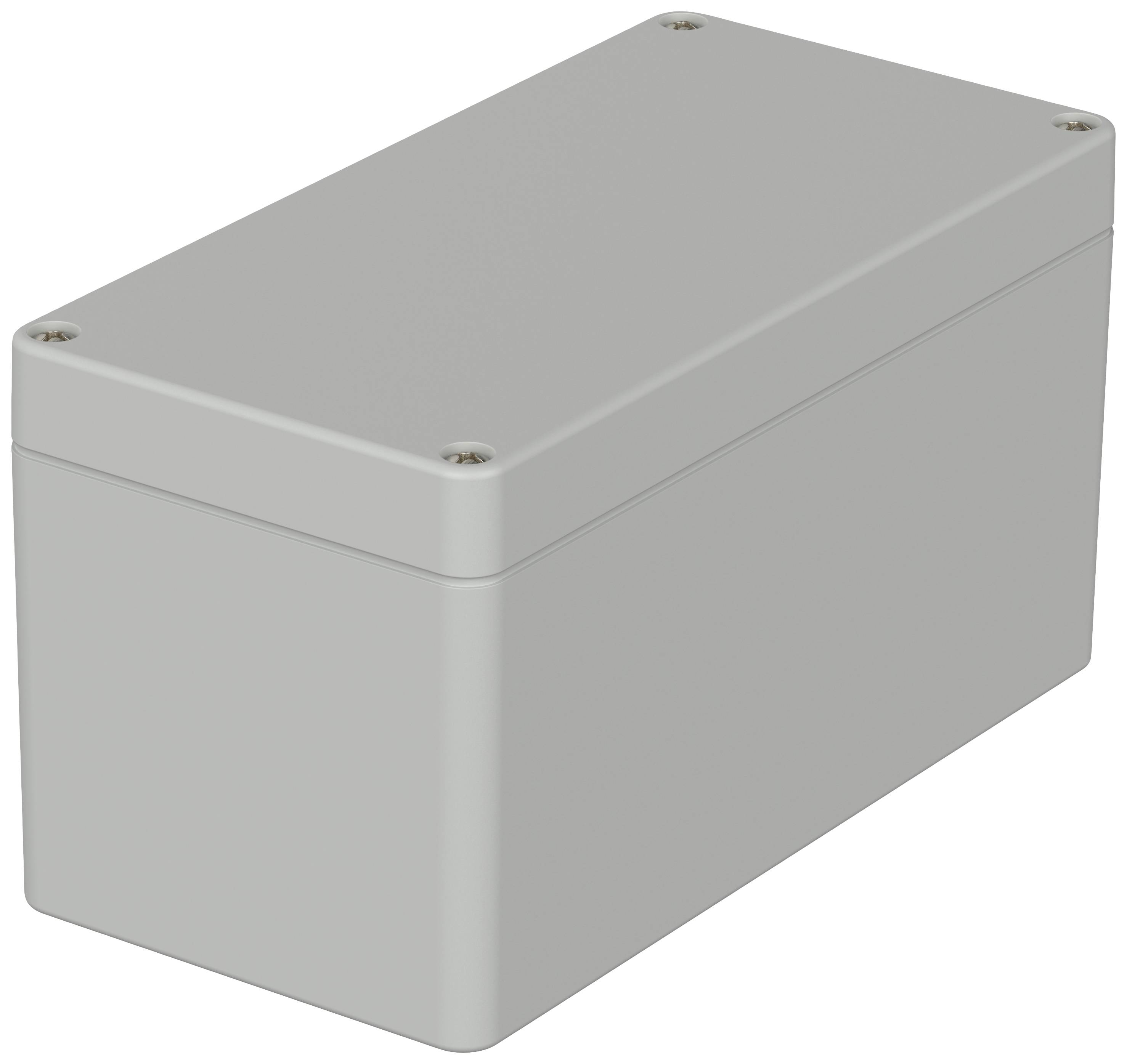 Boîtier rectangulaire en plastique gris avec quatre vis dans les coins.
