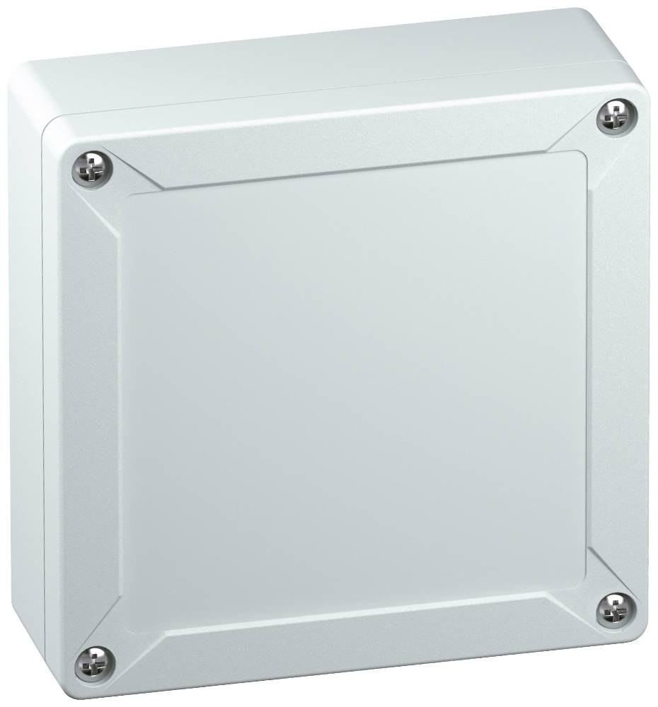 Boîte rectangulaire grise en plastique avec quatre vis visibles dans les coins, probablement destinée à des applications électroniques ou électriques.