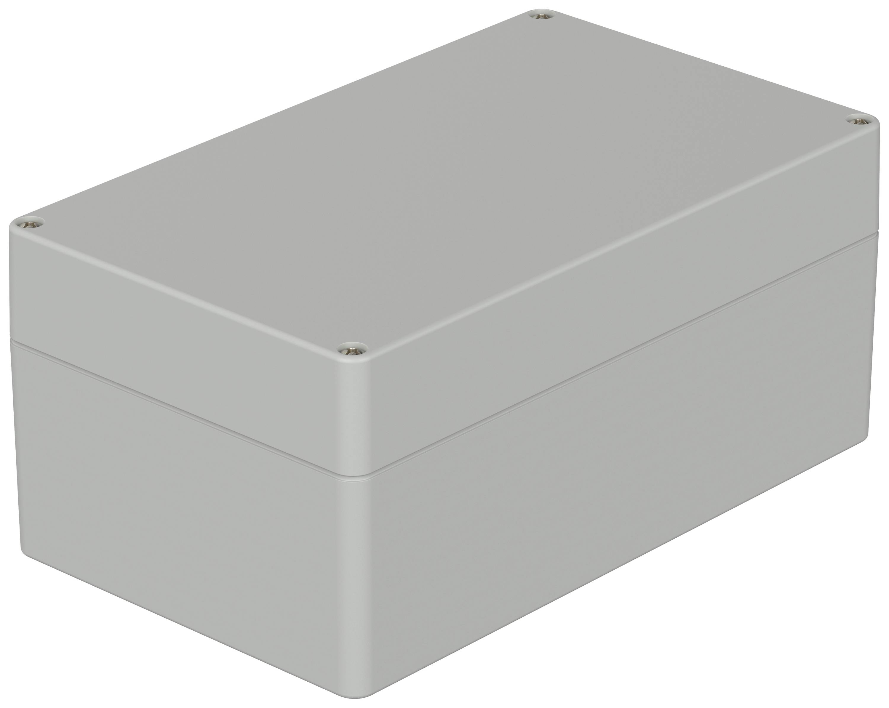 Boîtier rectangulaire gris avec des vis fermées aux coins, probablement destiné à contenir des composants électroniques.