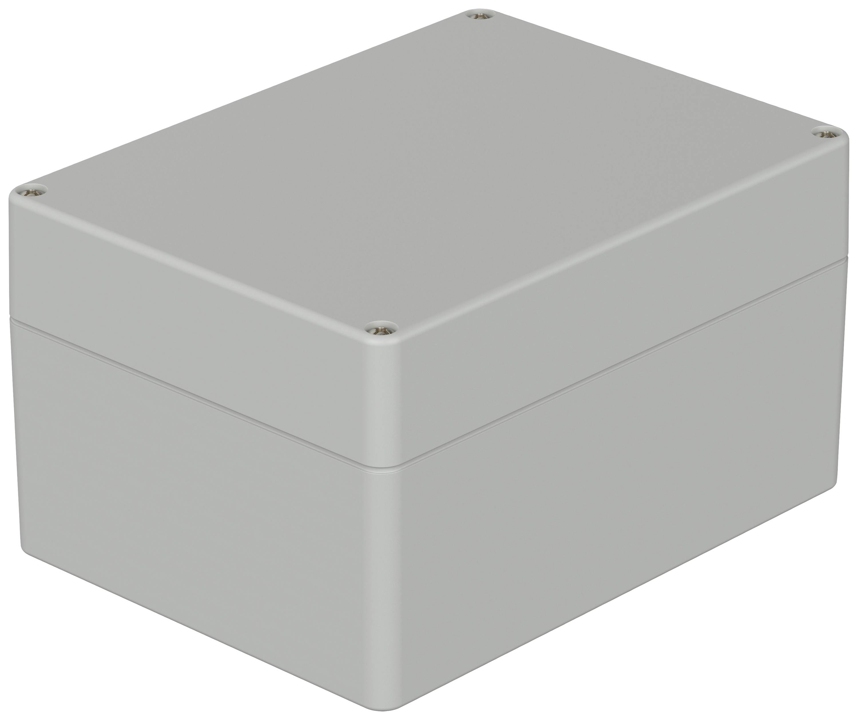 Un boîtier rectangulaire en plastique gris avec des coins arrondis et des vis aux angles, utilisé pour protéger des composants électroniques.