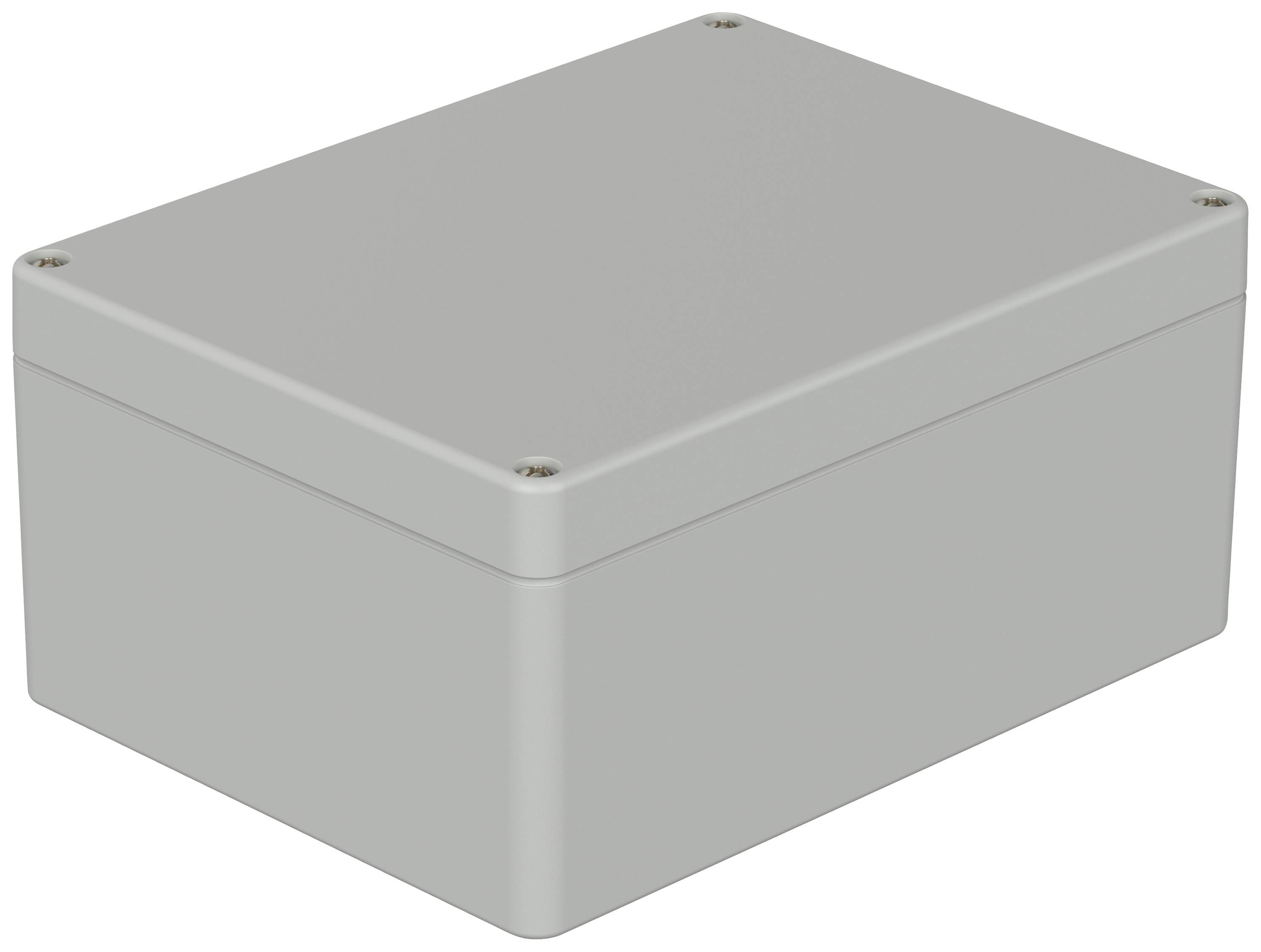 Boîtier rectangulaire en plastique gris avec des vis aux angles. Convient au montage électronique et ne porte aucune inscription.