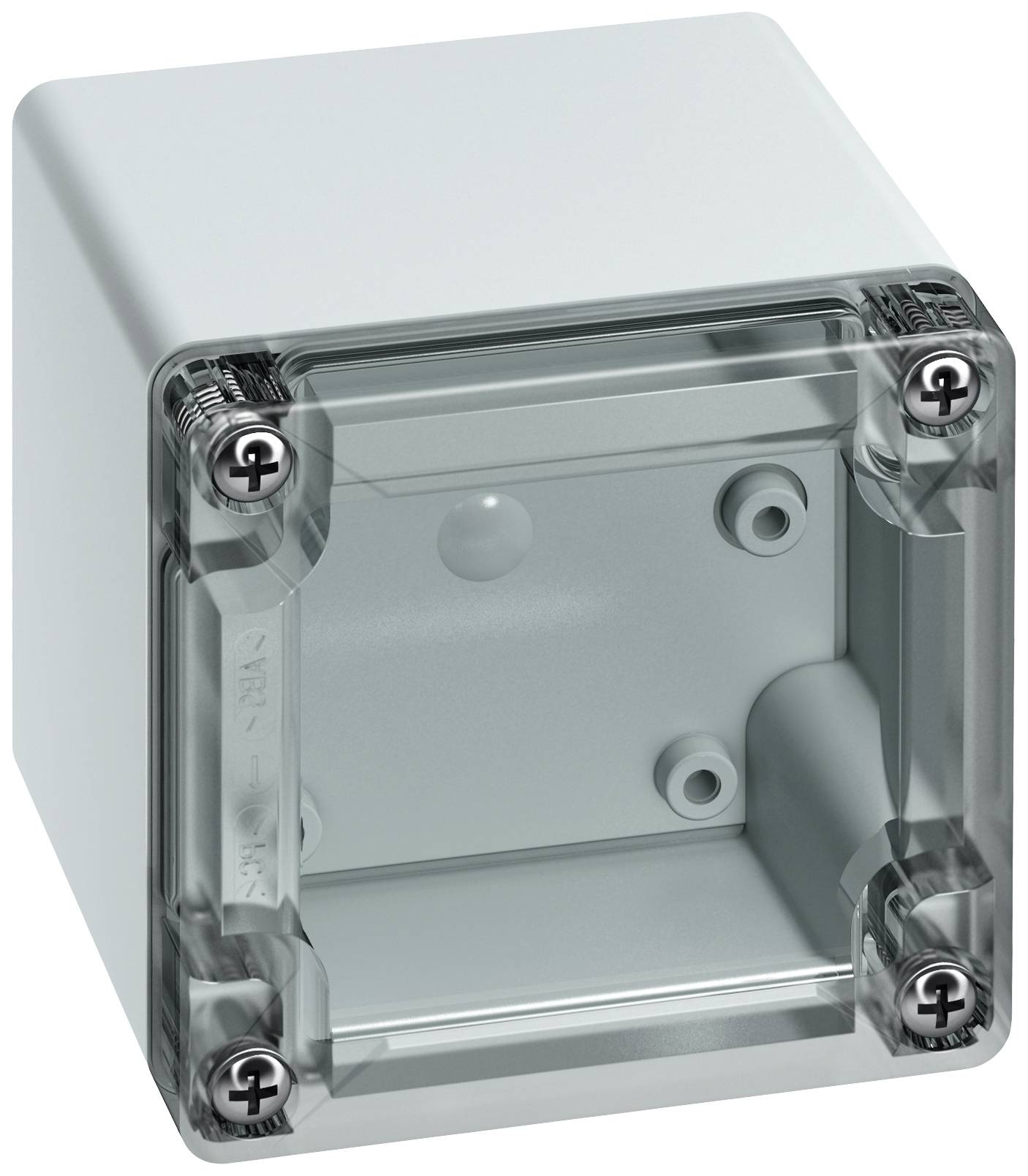 Un boîtier rectangulaire en plastique gris avec un couvercle transparent et quatre vis aux angles, adapté pour un branchement électrique.