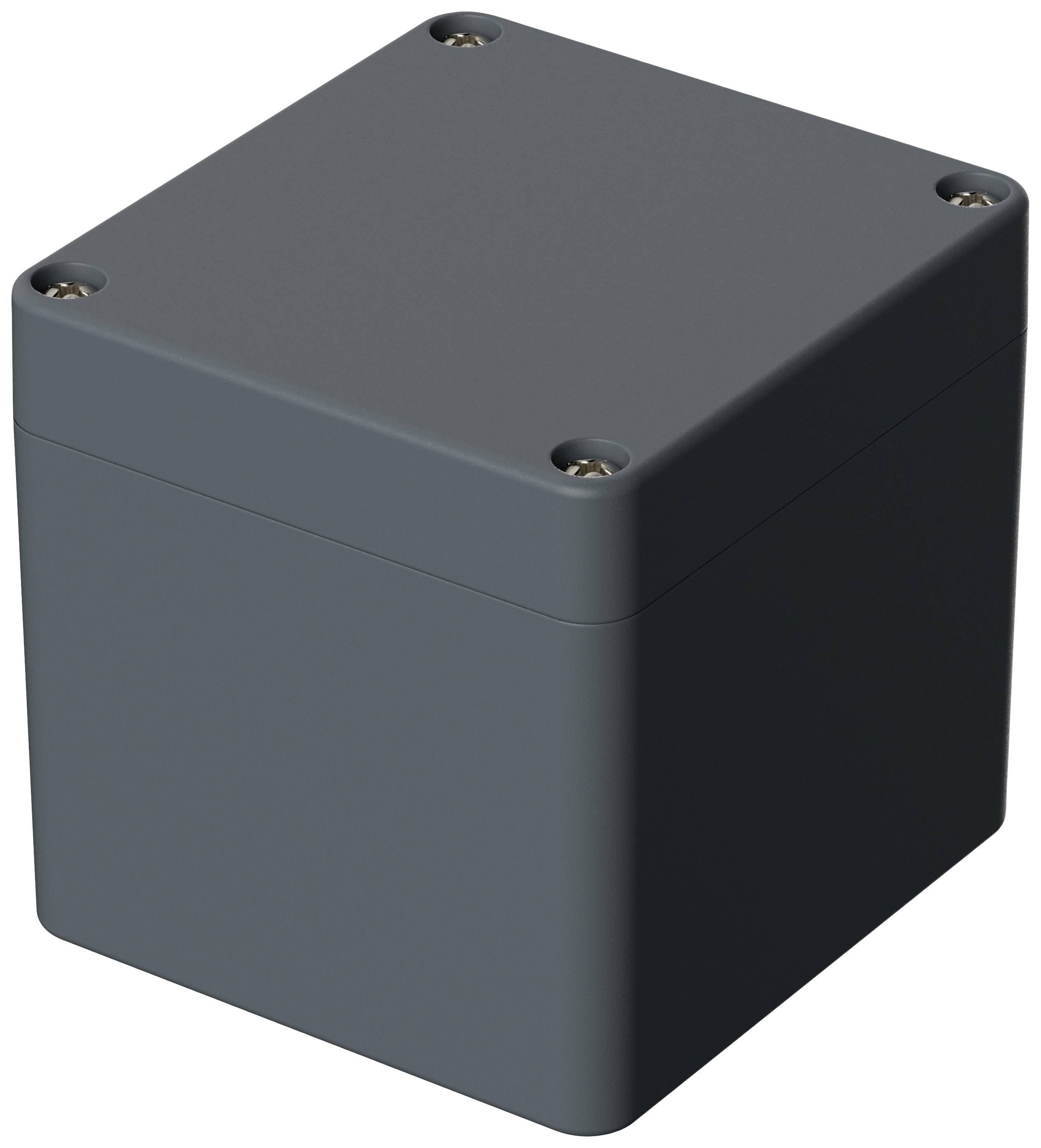 Boîtier rectangulaire gris foncé aux angles arrondis, avec des vis aux coins, probablement destiné à des composants électroniques.