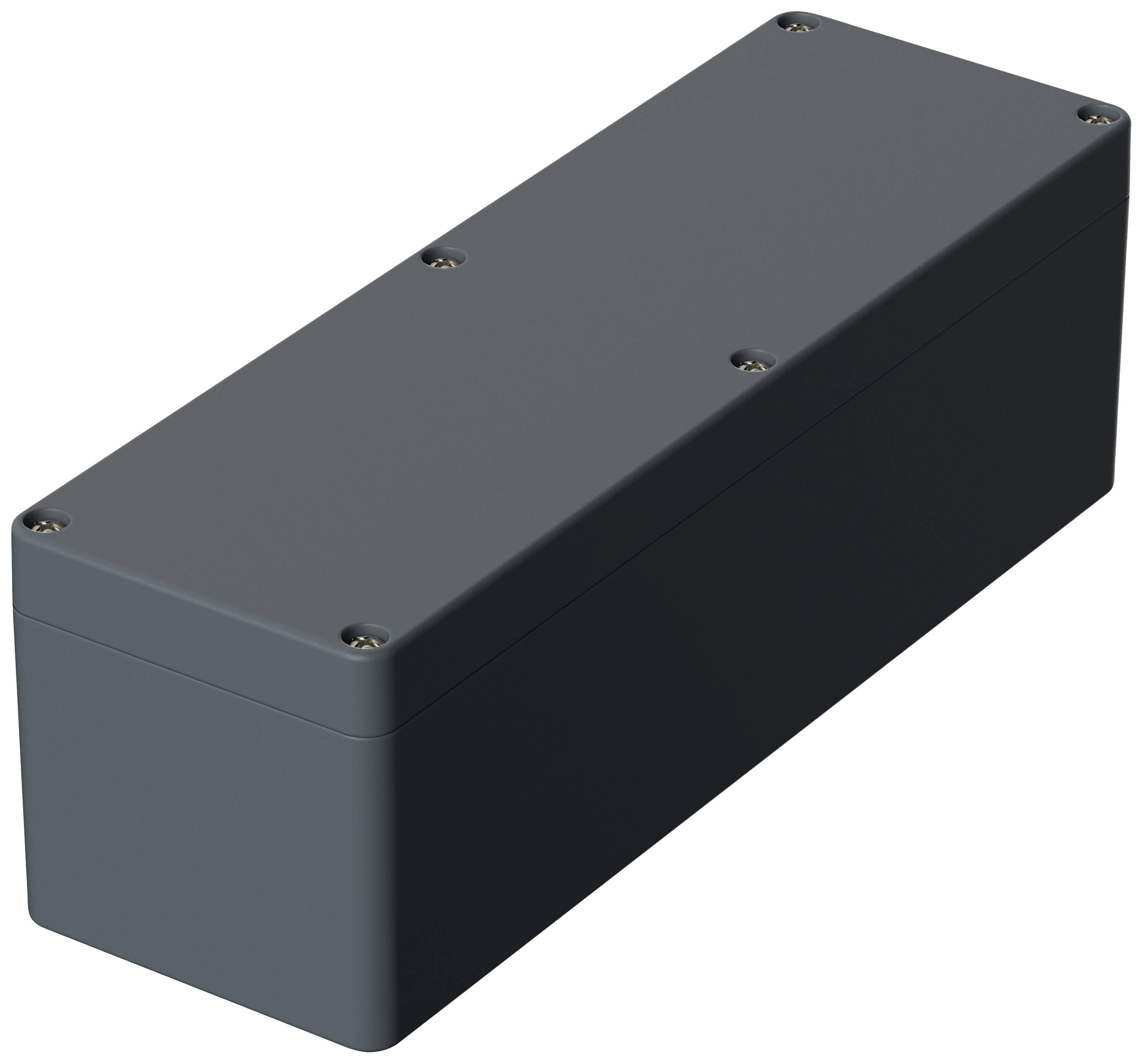 Boîtier électronique rectangulaire gris, sécurisé par des vis. Adapté pour protéger les composants contre les influences environnementales.