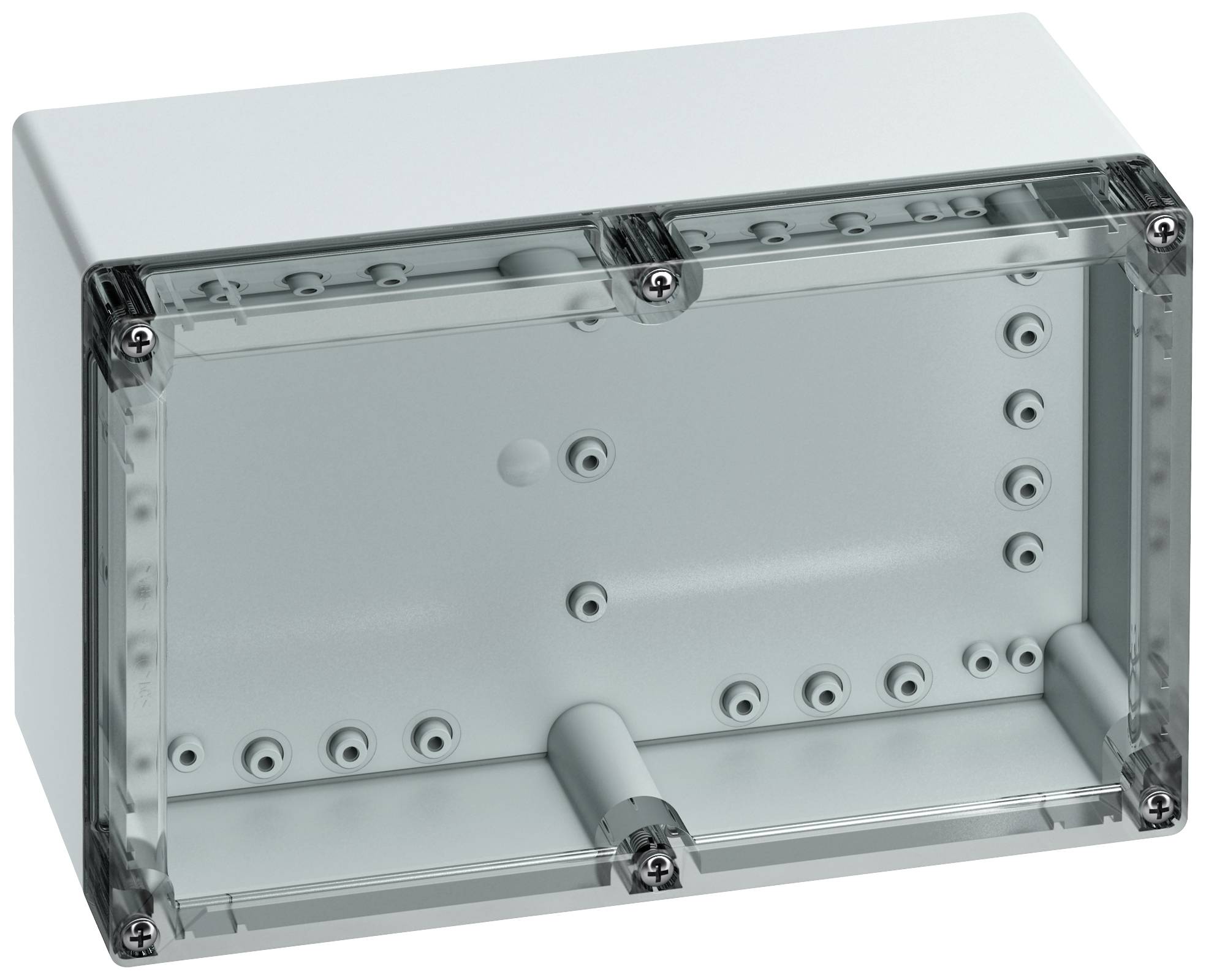 Boîte en plastique transparente de forme rectangulaire, équipée de plusieurs vis de montage aux angles et de trous sur la face intérieure pour le passage des câbles.