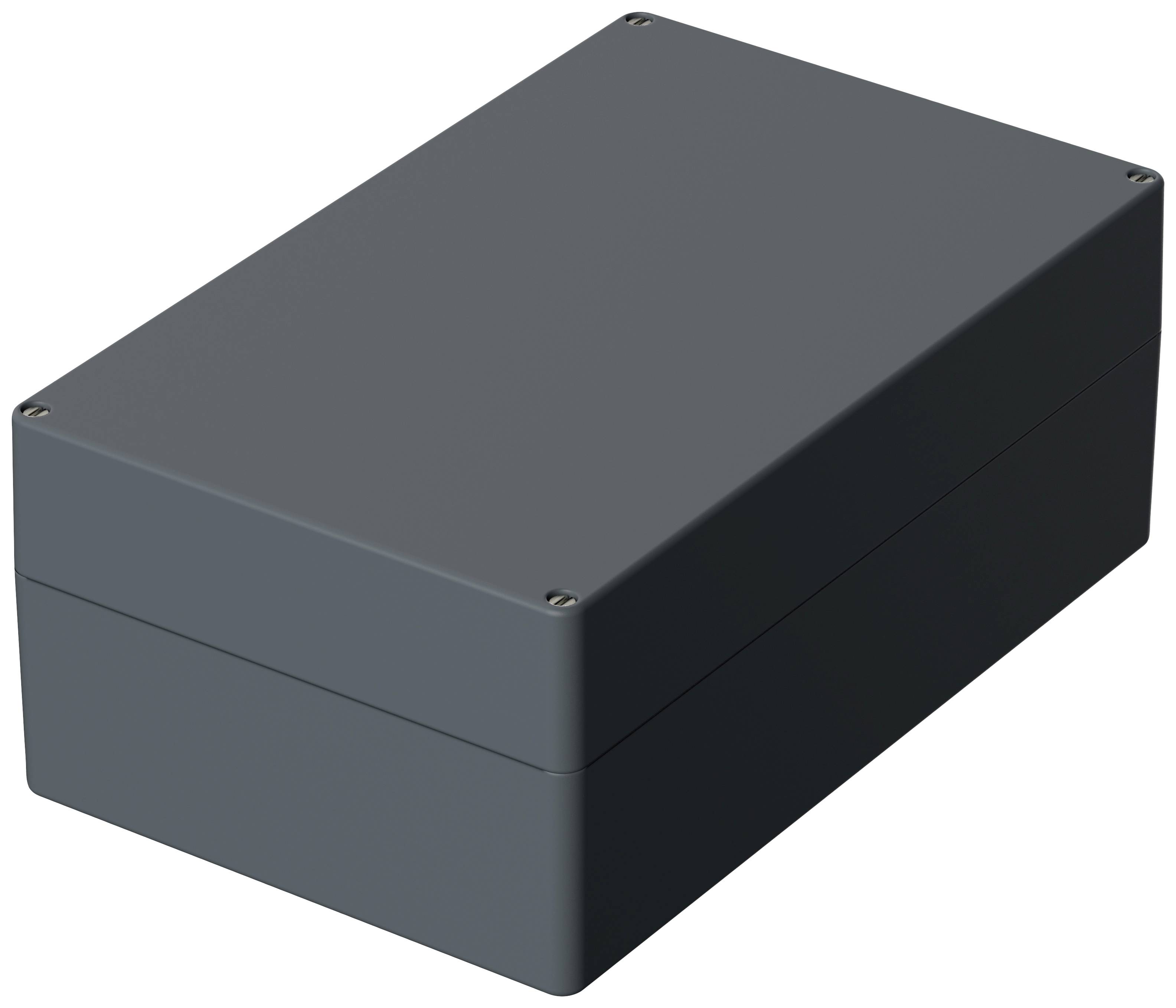 Un boîtier rectangulaire noir à surface lisse et coins arrondis, fermé par des vis dans les angles.