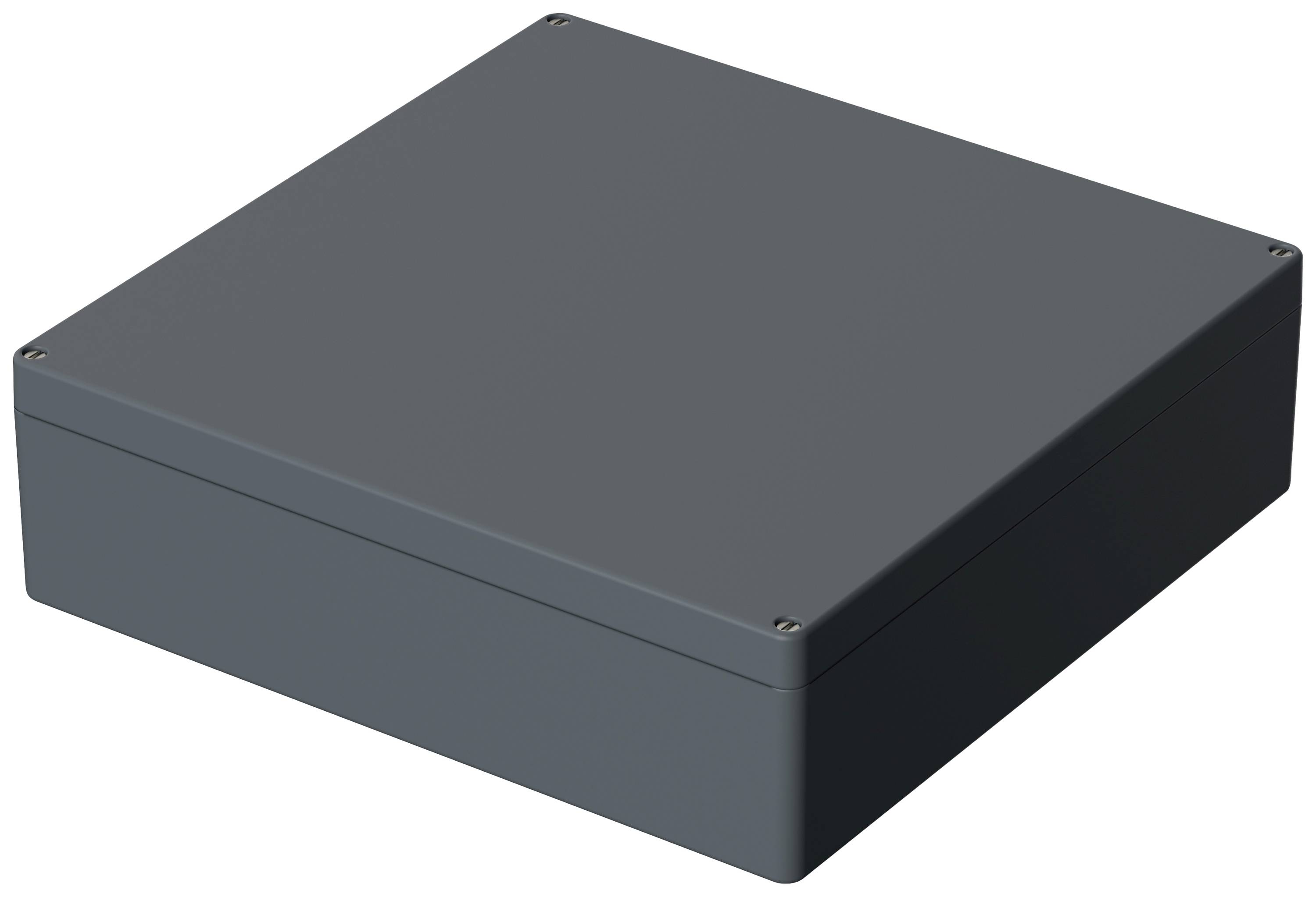 Boîtier carré gris foncé aux coins arrondis, adapté aux appareils électroniques ou aux applications industrielles.