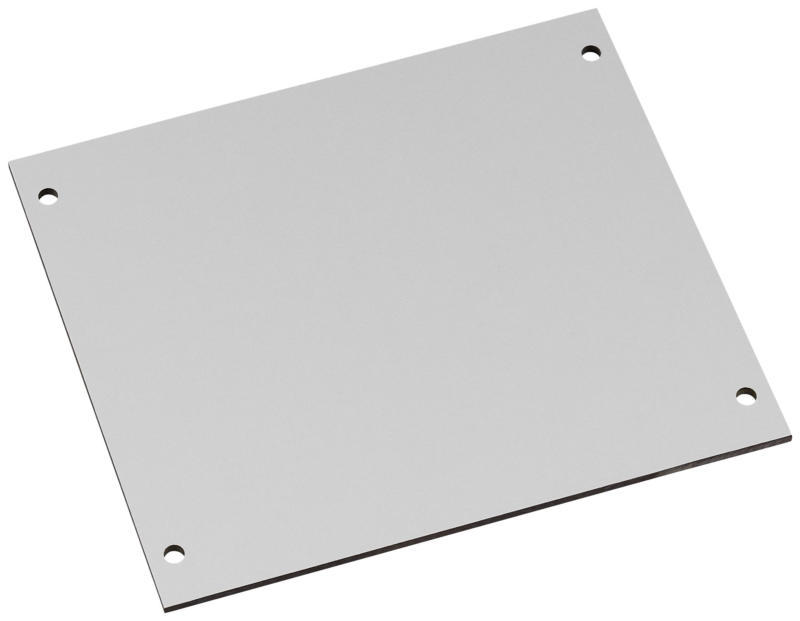 Une plaque métallique rectangulaire avec des coins arrondis et des trous à chaque point d'angle.